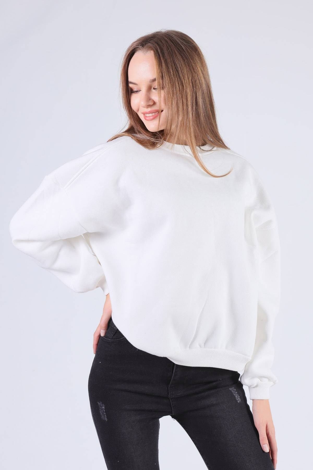 Ekru Oversize Bisiklet Yaka Sweat 8138M