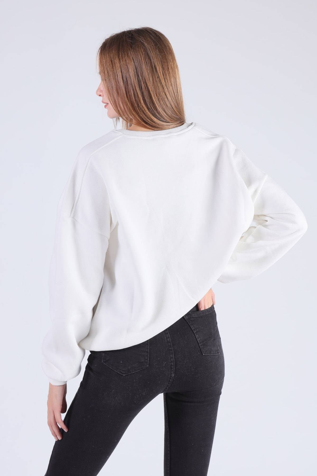 Ekru Oversize Bisiklet Yaka Sweat 8138M