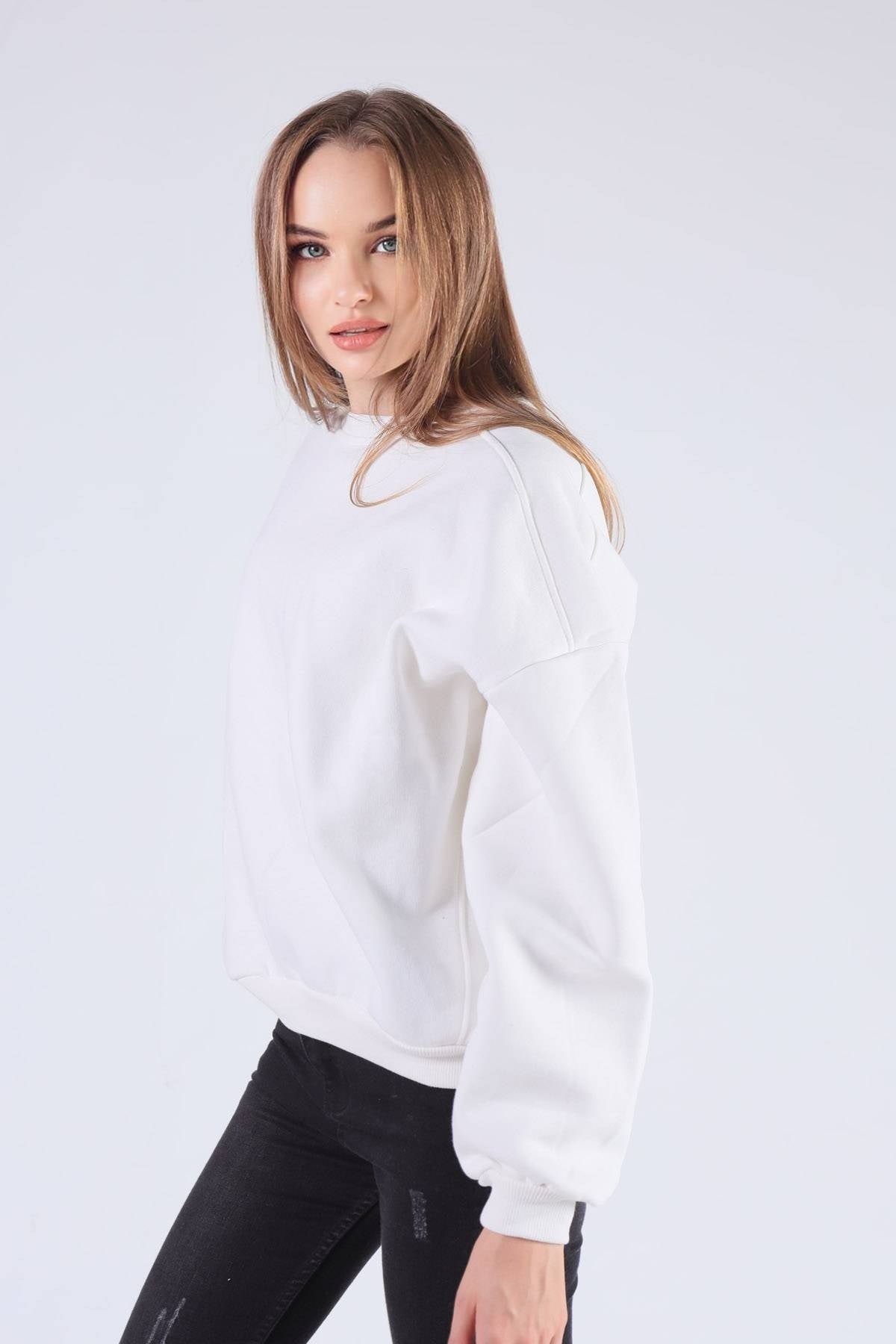 Ekru Oversize Bisiklet Yaka Sweat 8138M