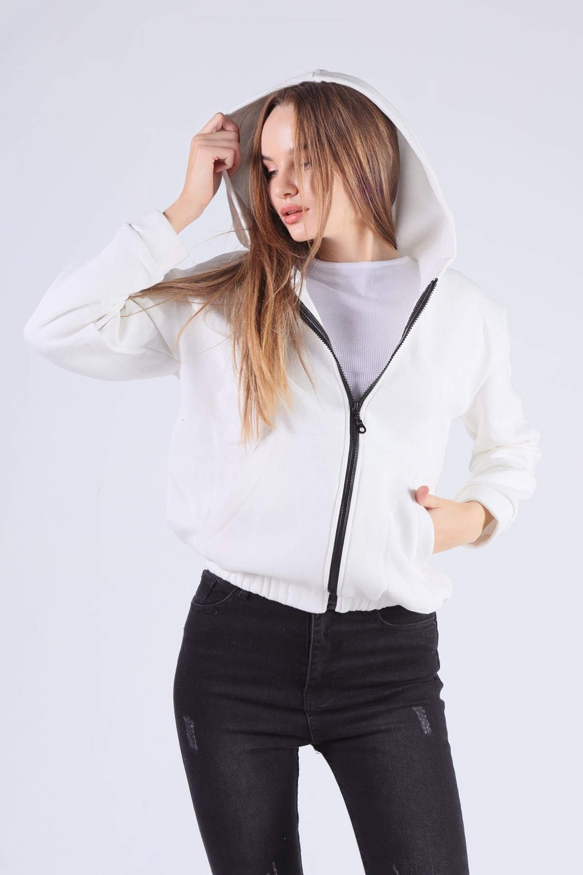 Ekru Oversize Fermuarlı Sweat 8125M