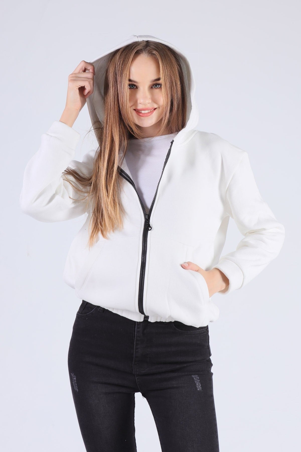 Ekru Oversize Fermuarlı Sweat 8125M