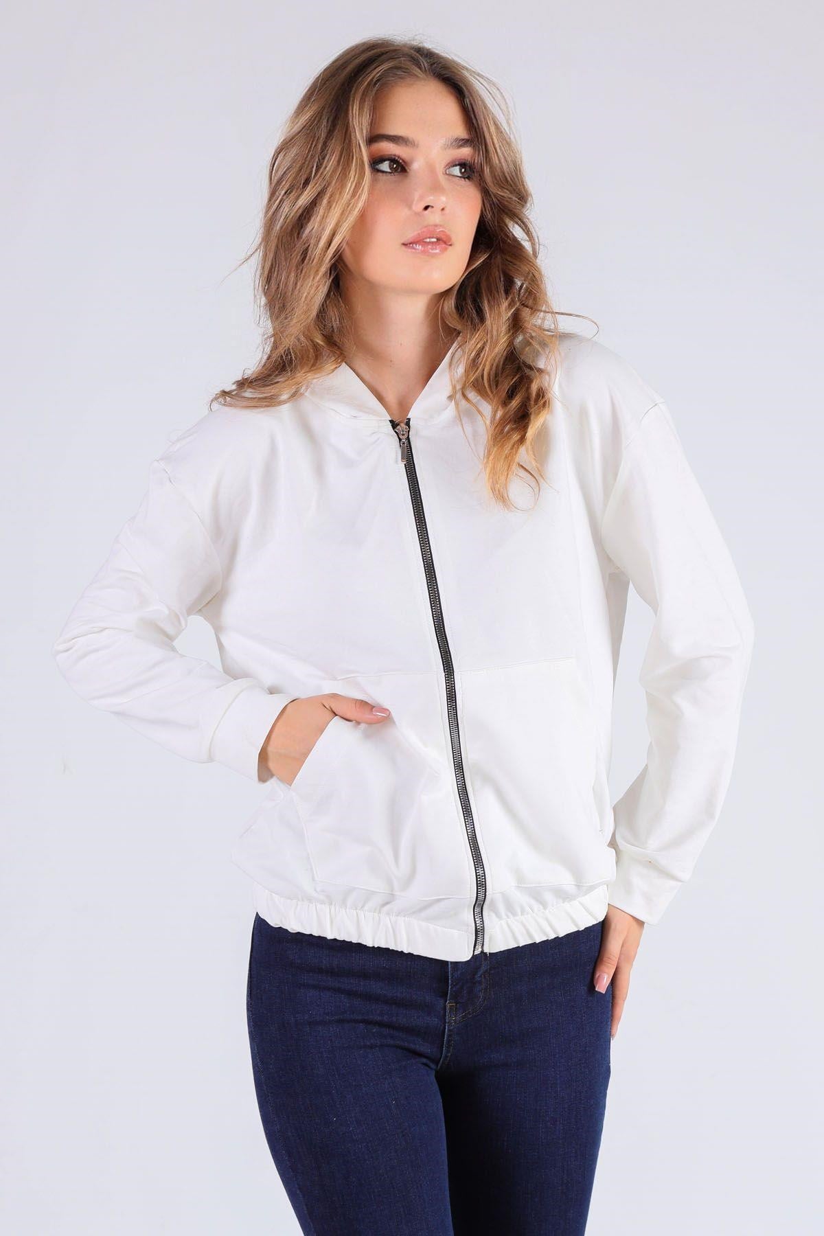 Ekru Oversize Fermuarlı Sweat 8126M