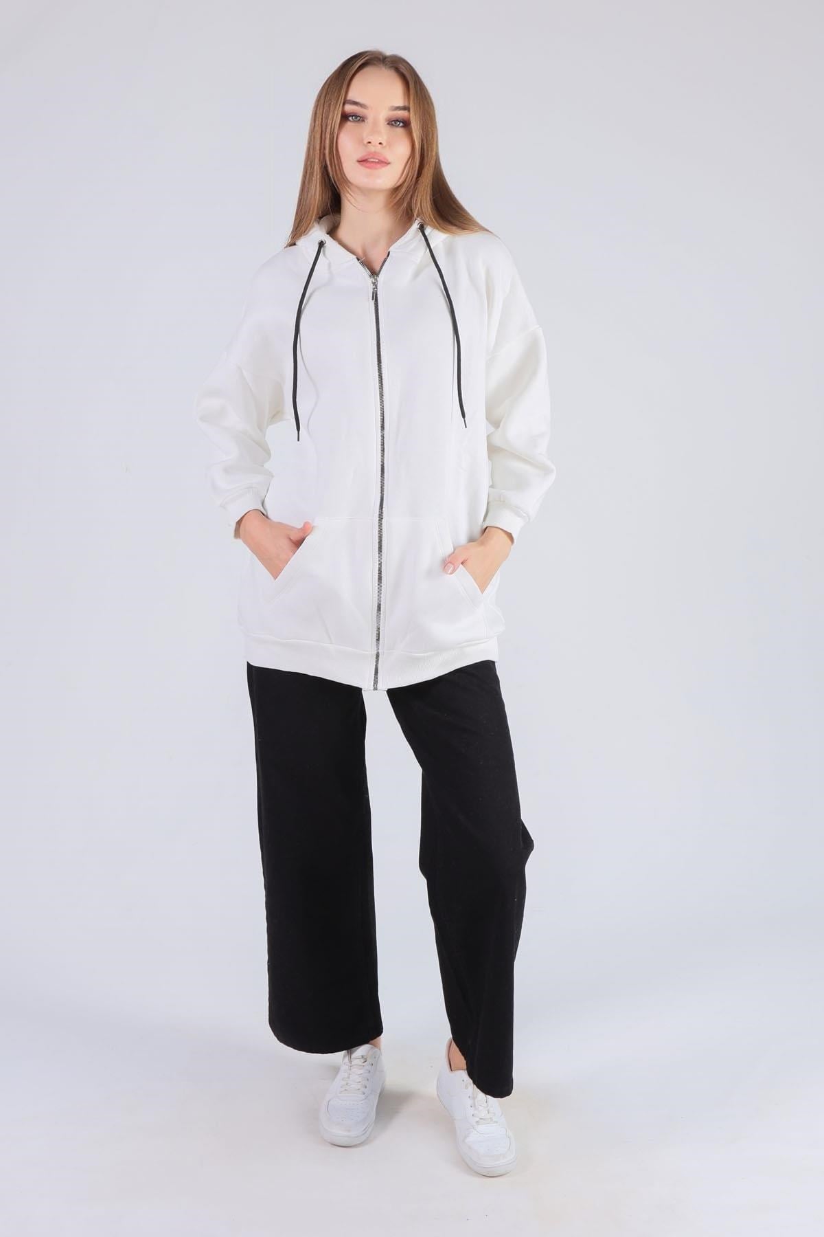 Ekru Oversize Uzun Fermuarlı Sweat 8124M