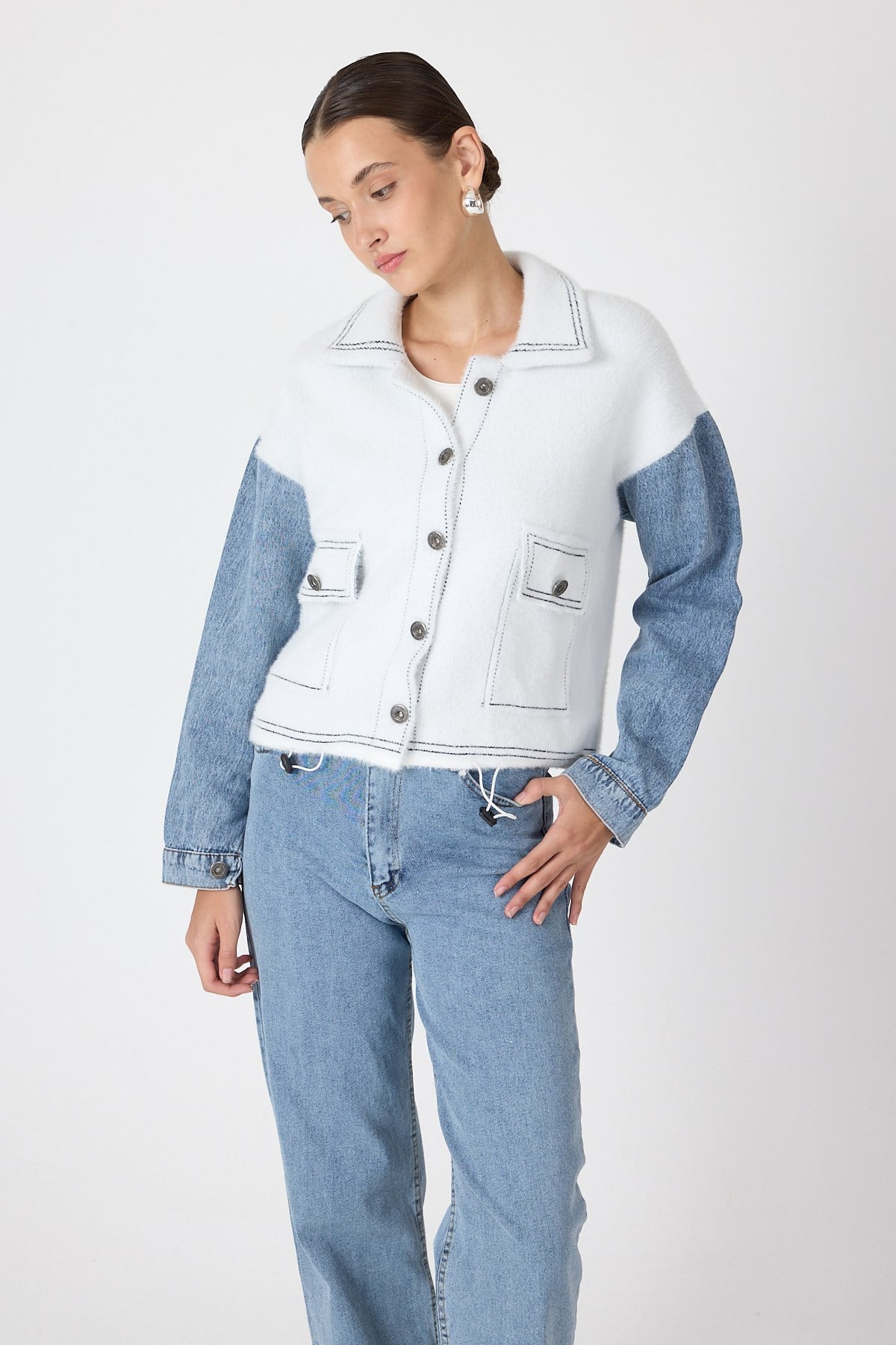 Ekru Peluş Görünümlü Denim Kollu Kadın Ceket 2225