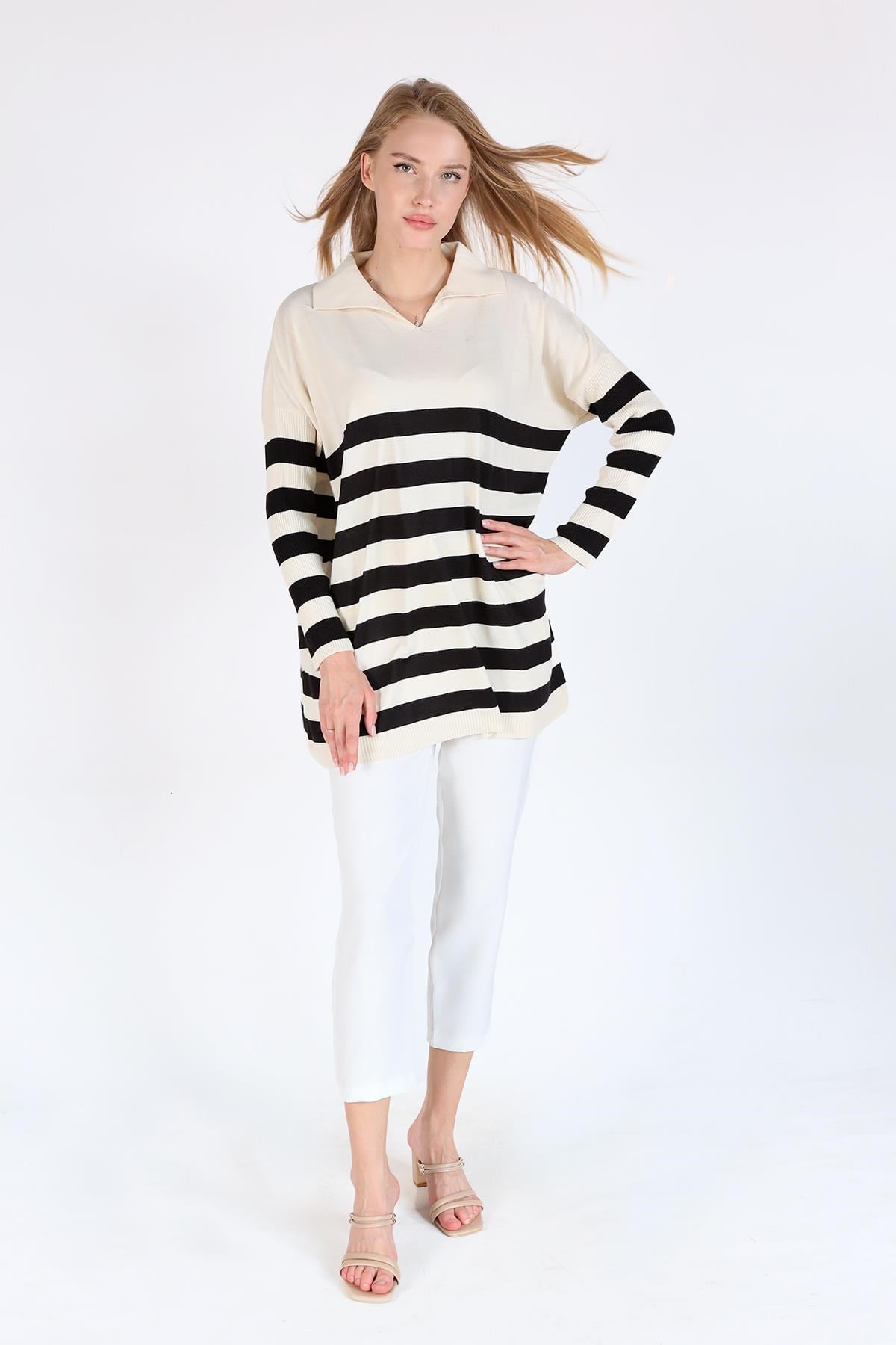 Ekru Polo Yaka Çizgili Tunik 5340