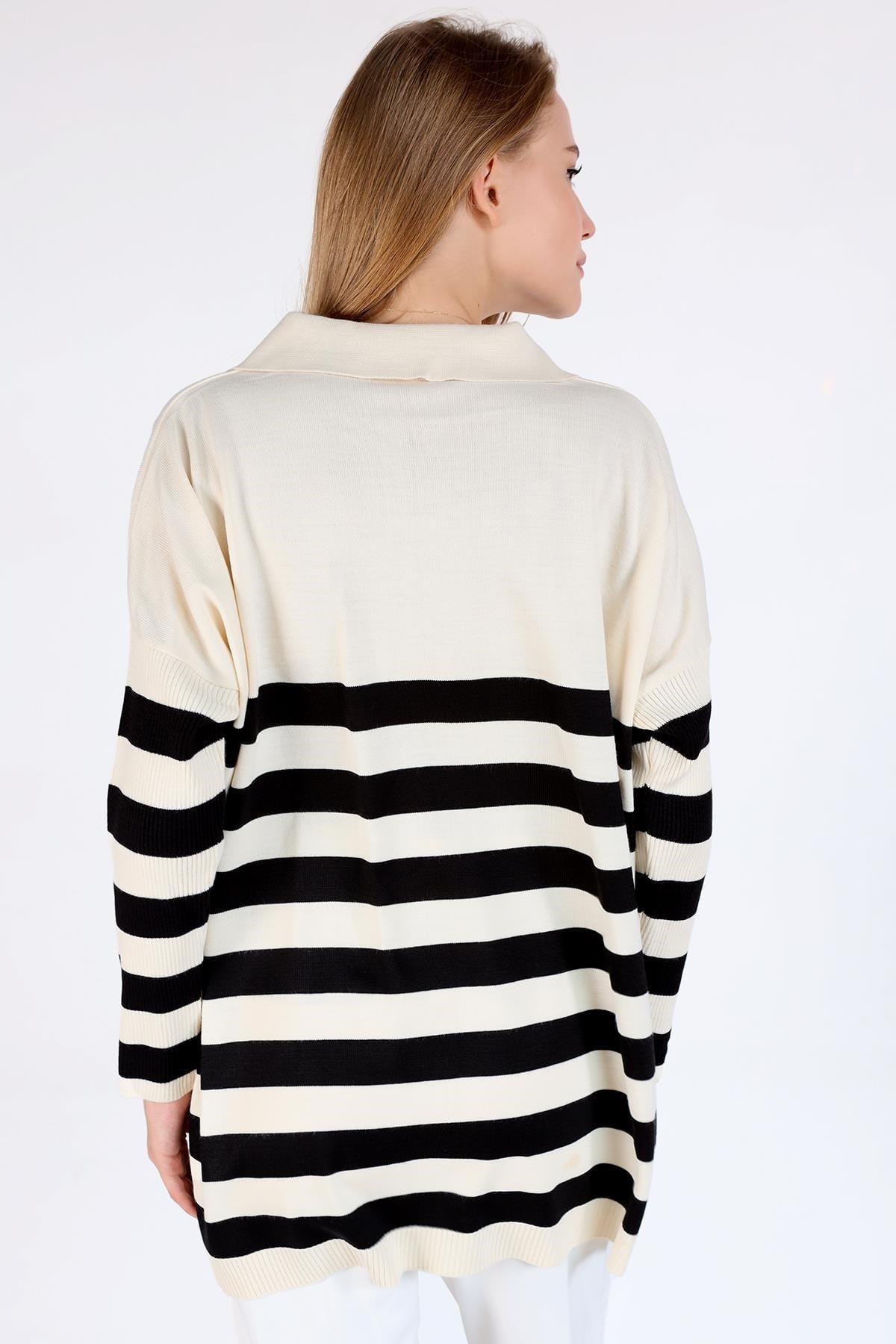 Ekru Polo Yaka Çizgili Tunik 5340