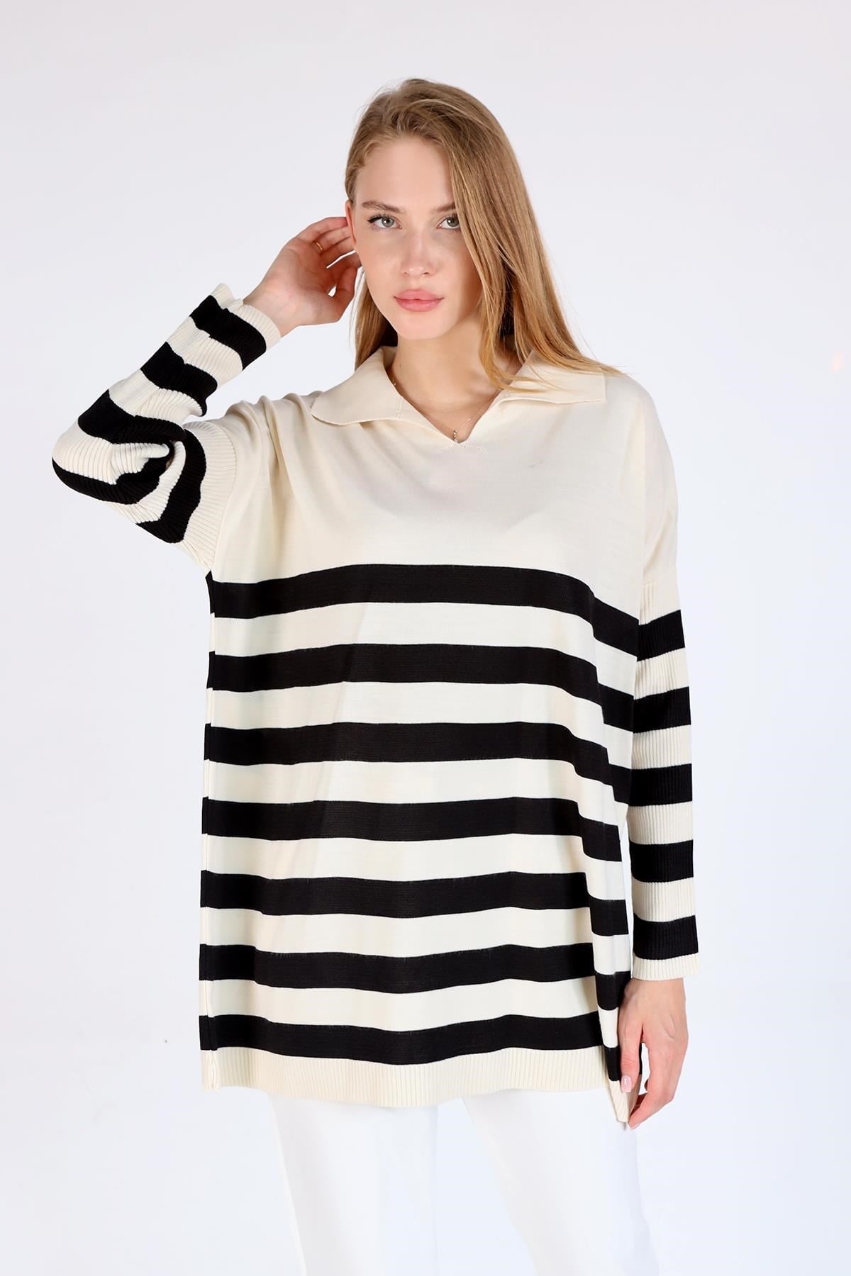Ekru Polo Yaka Çizgili Tunik 5340