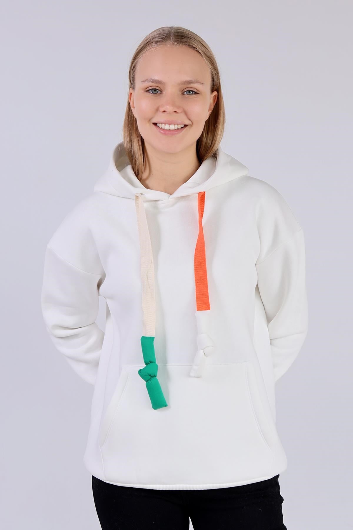 Ekru Renkli İpli Kapüşonlu Sweat 9173M