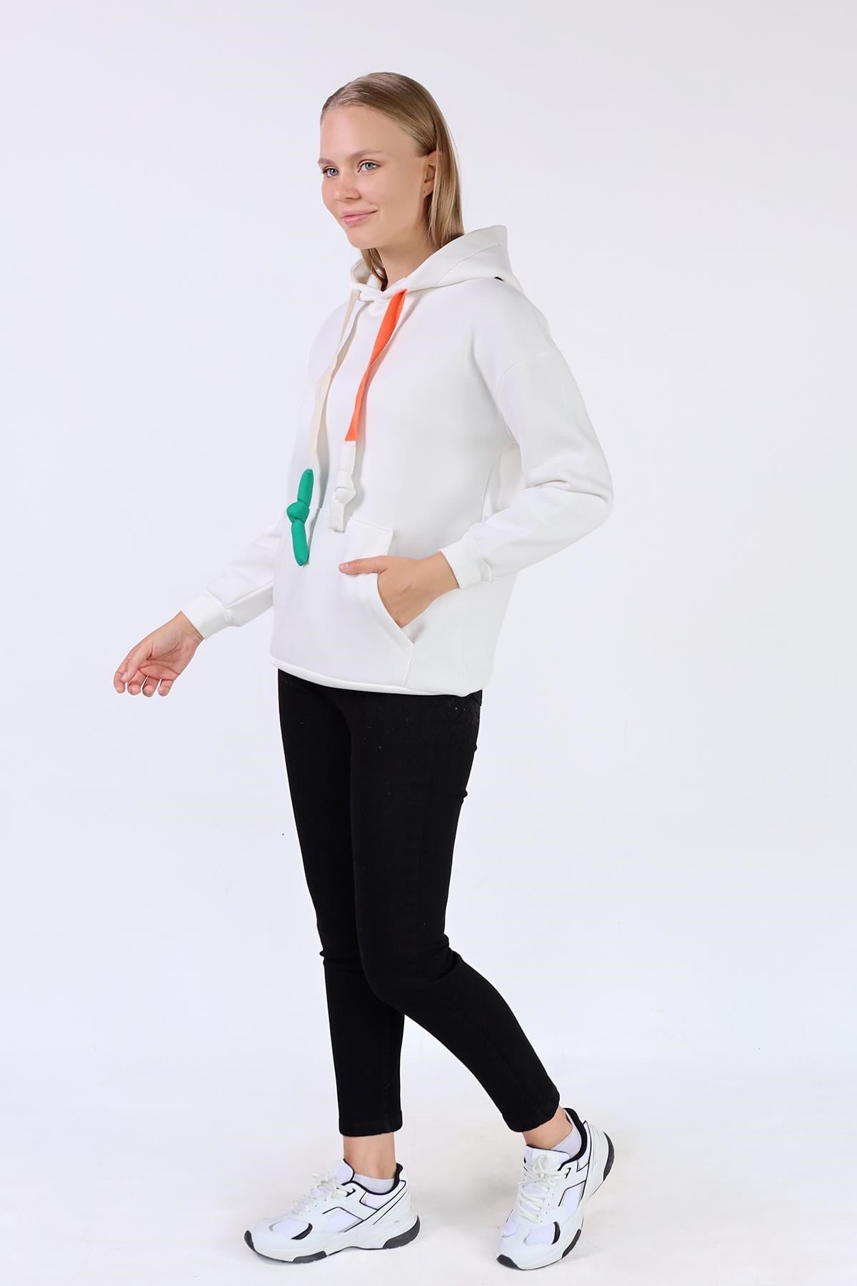 Ekru Renkli İpli Kapüşonlu Sweat 9173M