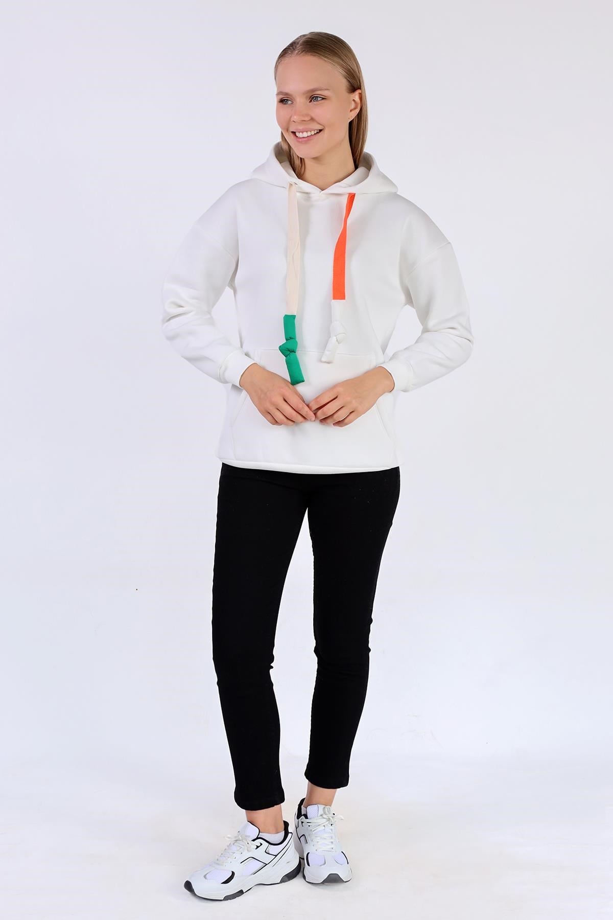 Ekru Renkli İpli Kapüşonlu Sweat 9173M