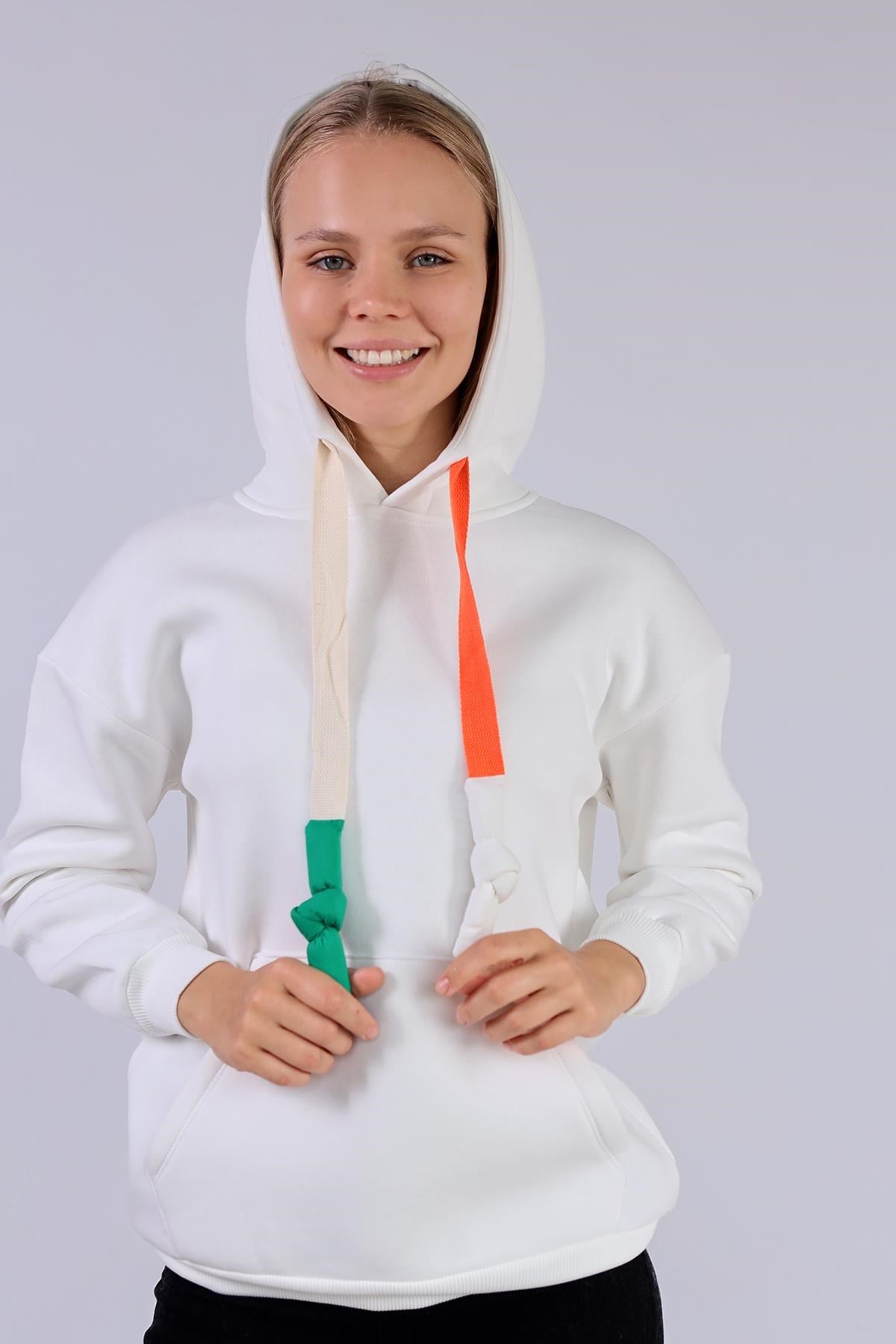 Ekru Renkli İpli Kapüşonlu Sweat 9173M
