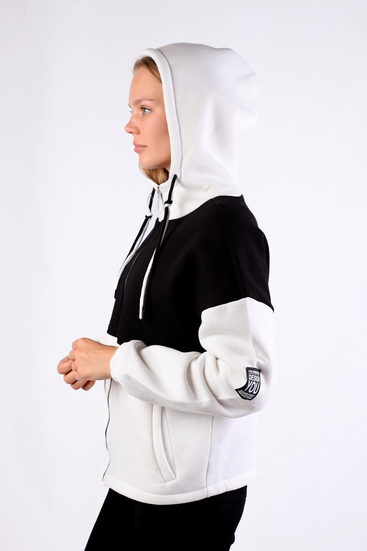 Ekru-Siyah Fermuar Detay Çift Renk Sweat 9144M