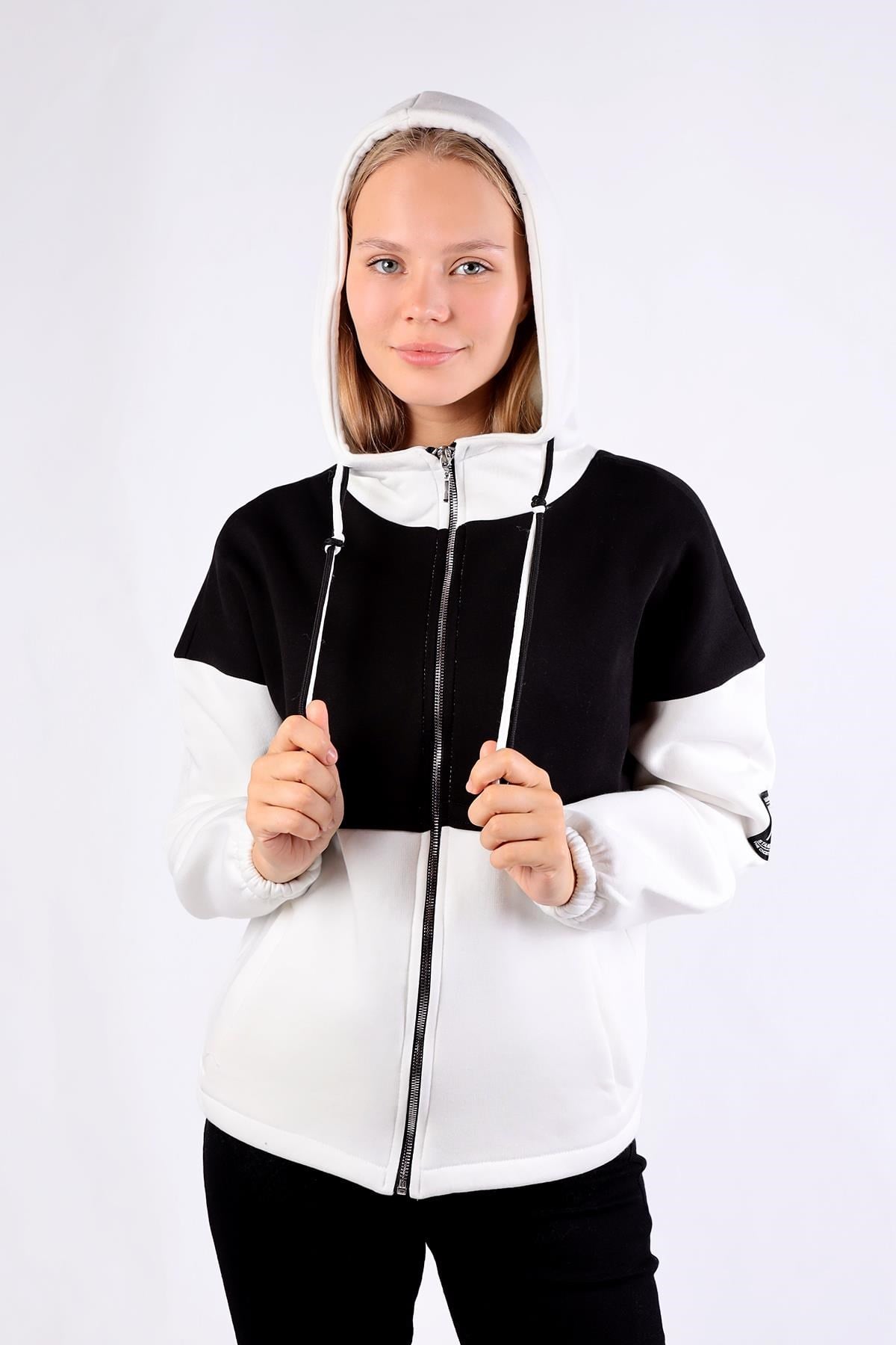 Ekru-Siyah Fermuar Detay Çift Renk Sweat 9144M