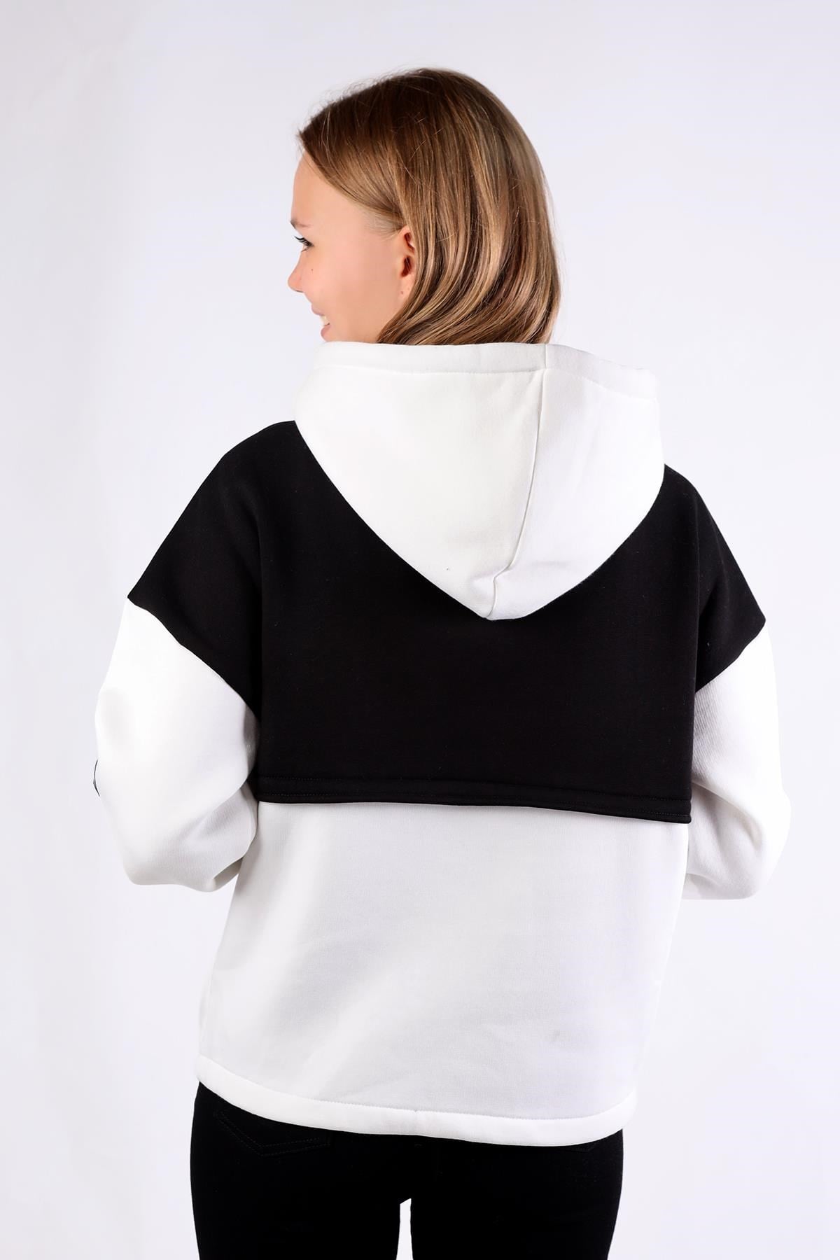 Ekru-Siyah Fermuar Detay Çift Renk Sweat 9144M