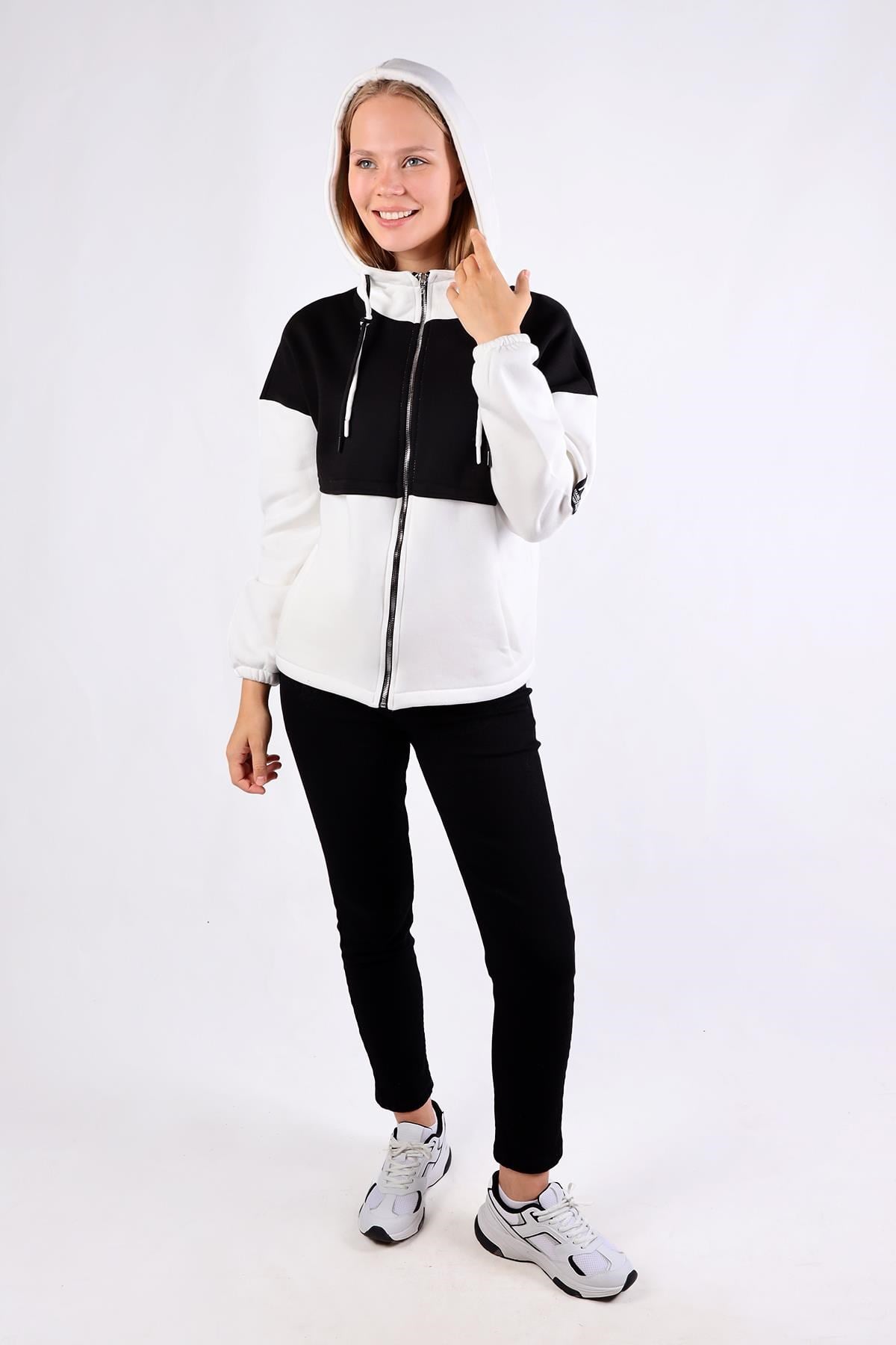 Ekru-Siyah Fermuar Detay Çift Renk Sweat 9144M