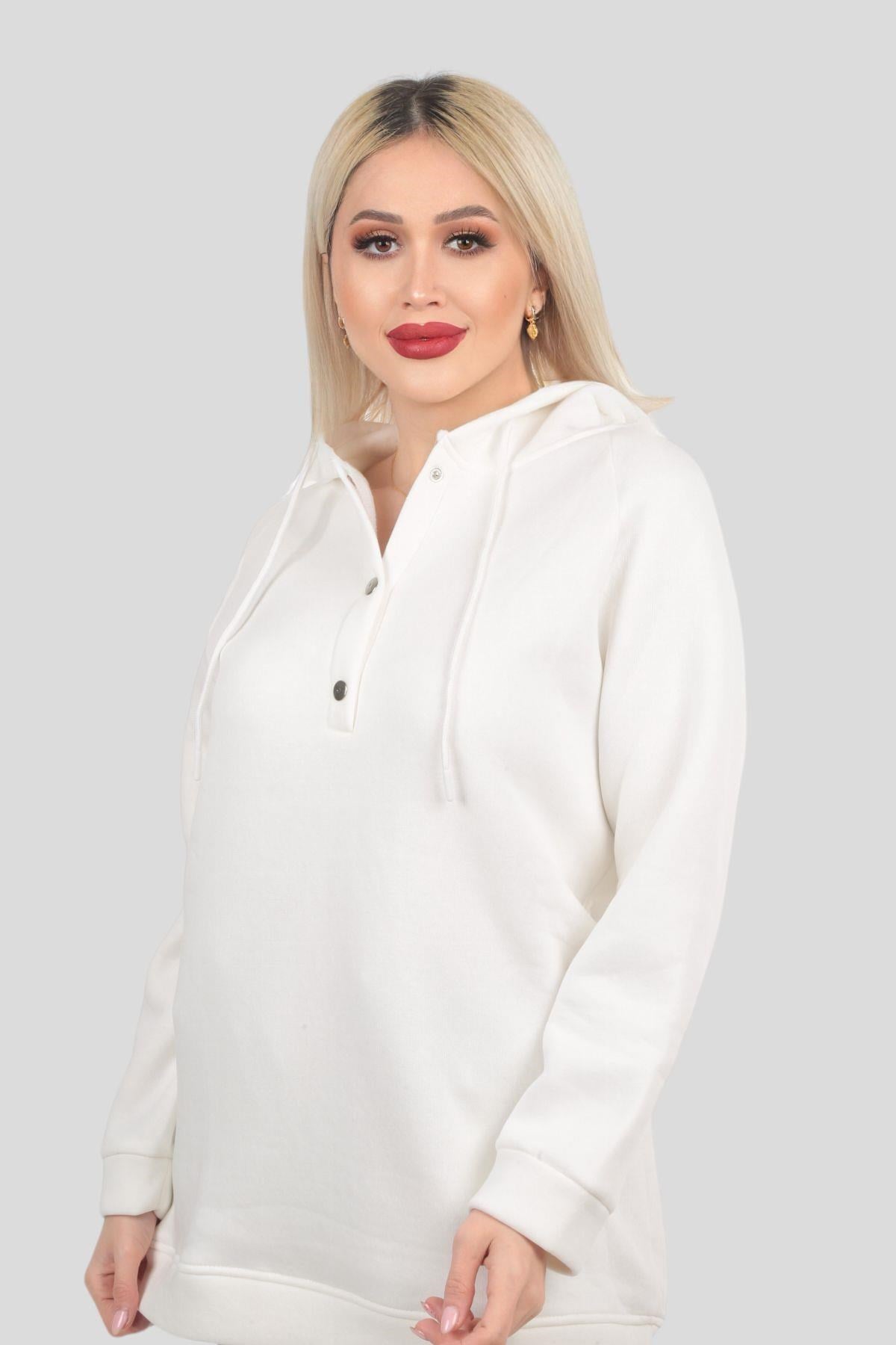 Ekru Yaka Çıtçıtlı Kapüşonlu Sweat 9020M
