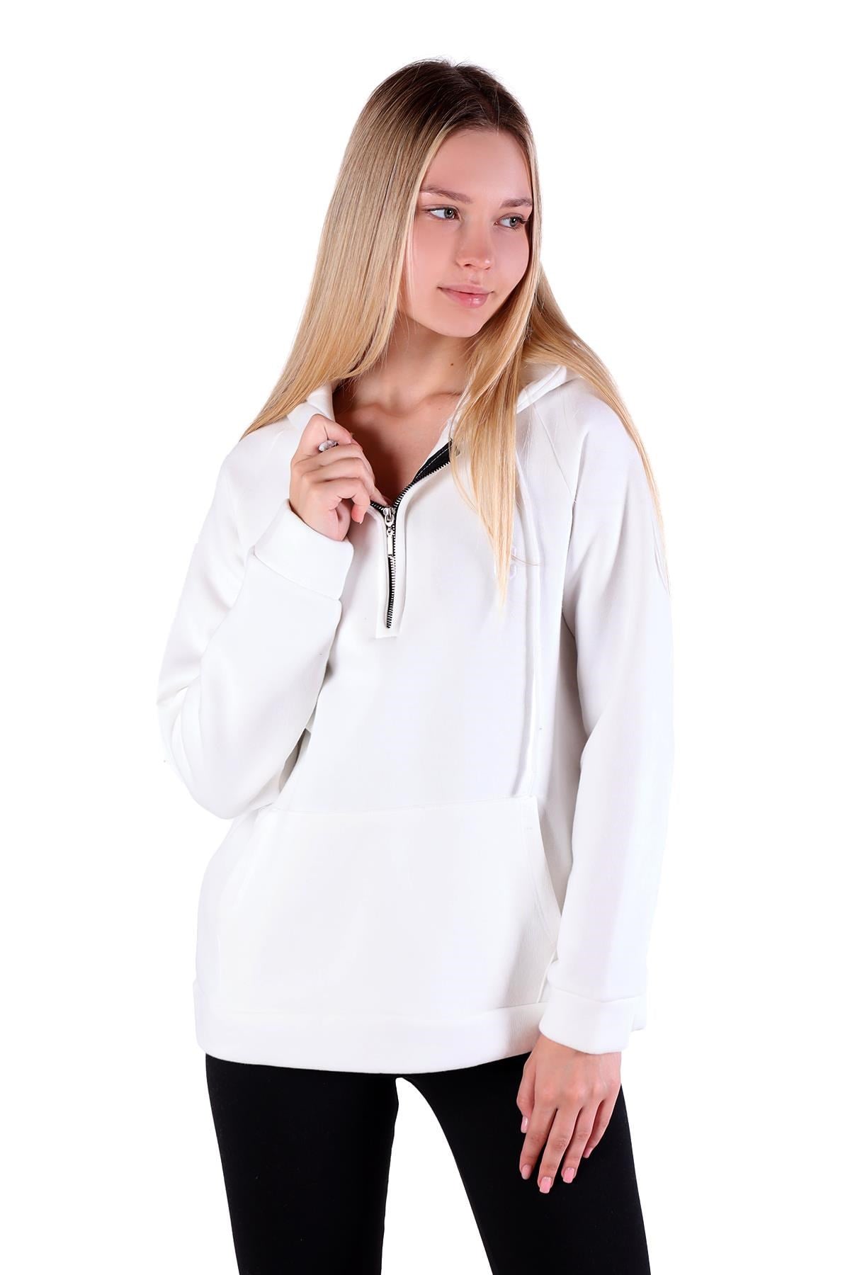 Ekru Yarım Fermuar Detay Cepli Sweat 9140M