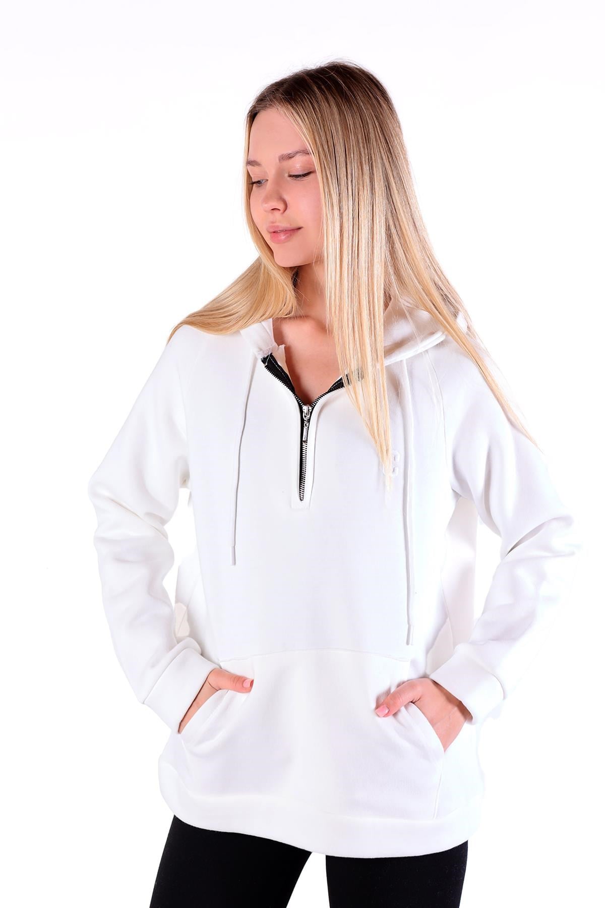 Ekru Yarım Fermuar Detay Cepli Sweat 9140M