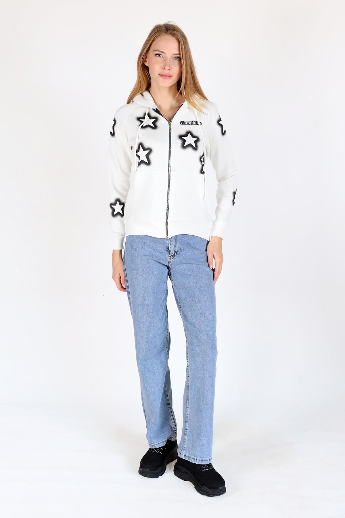 Ekru Yıldız Baskı Fermuarlı Sweat 9139M