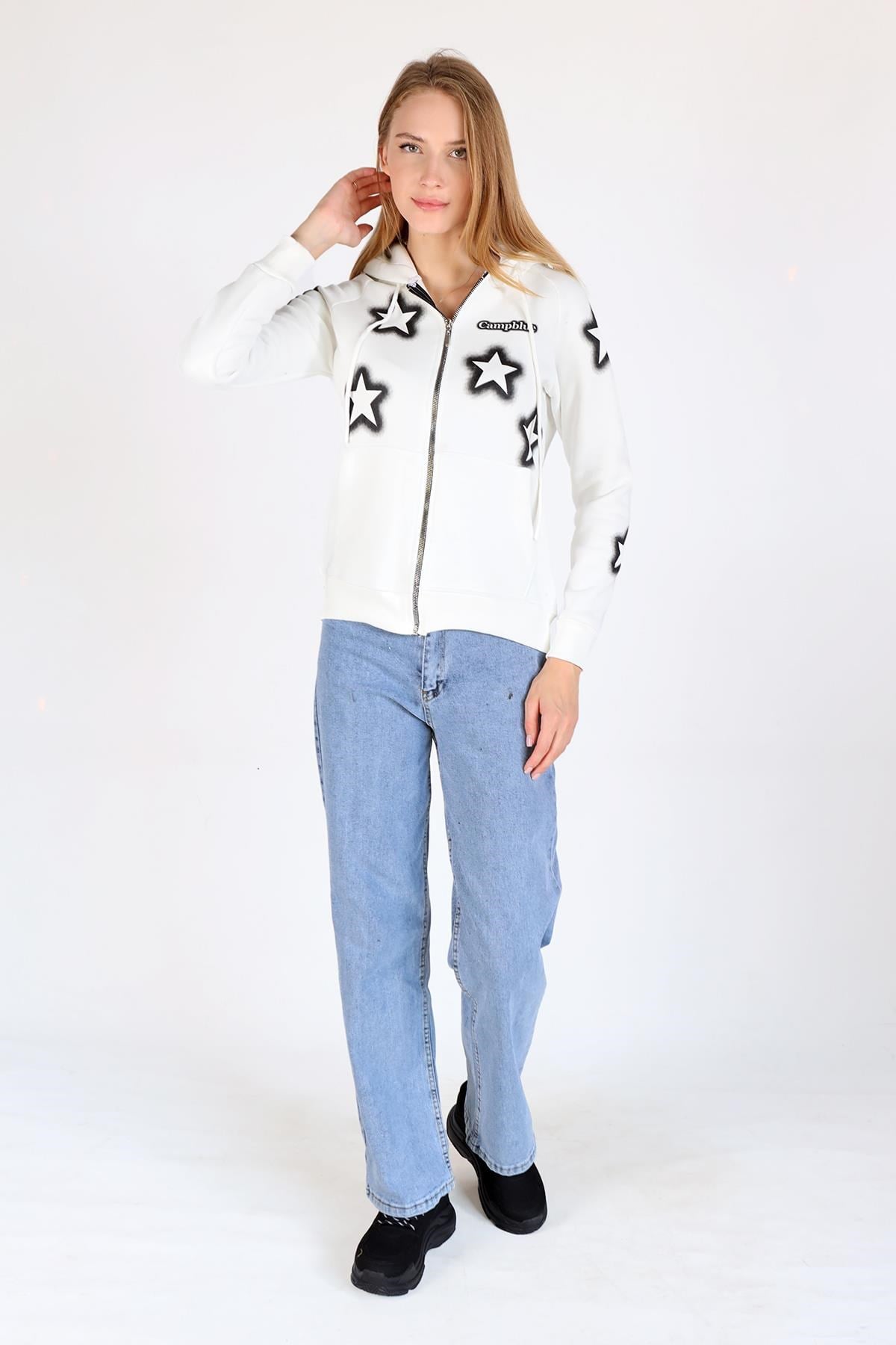 Ekru Yıldız Baskı Fermuarlı Sweat 9139M