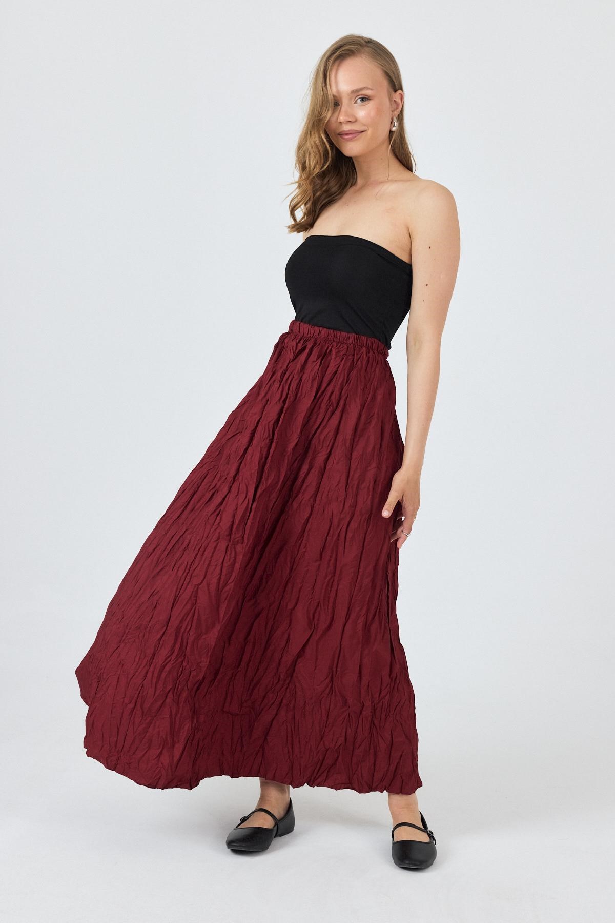 Etek-Bordo Bel Lastikli Kırışık Kumaş Etek 3483-rulem