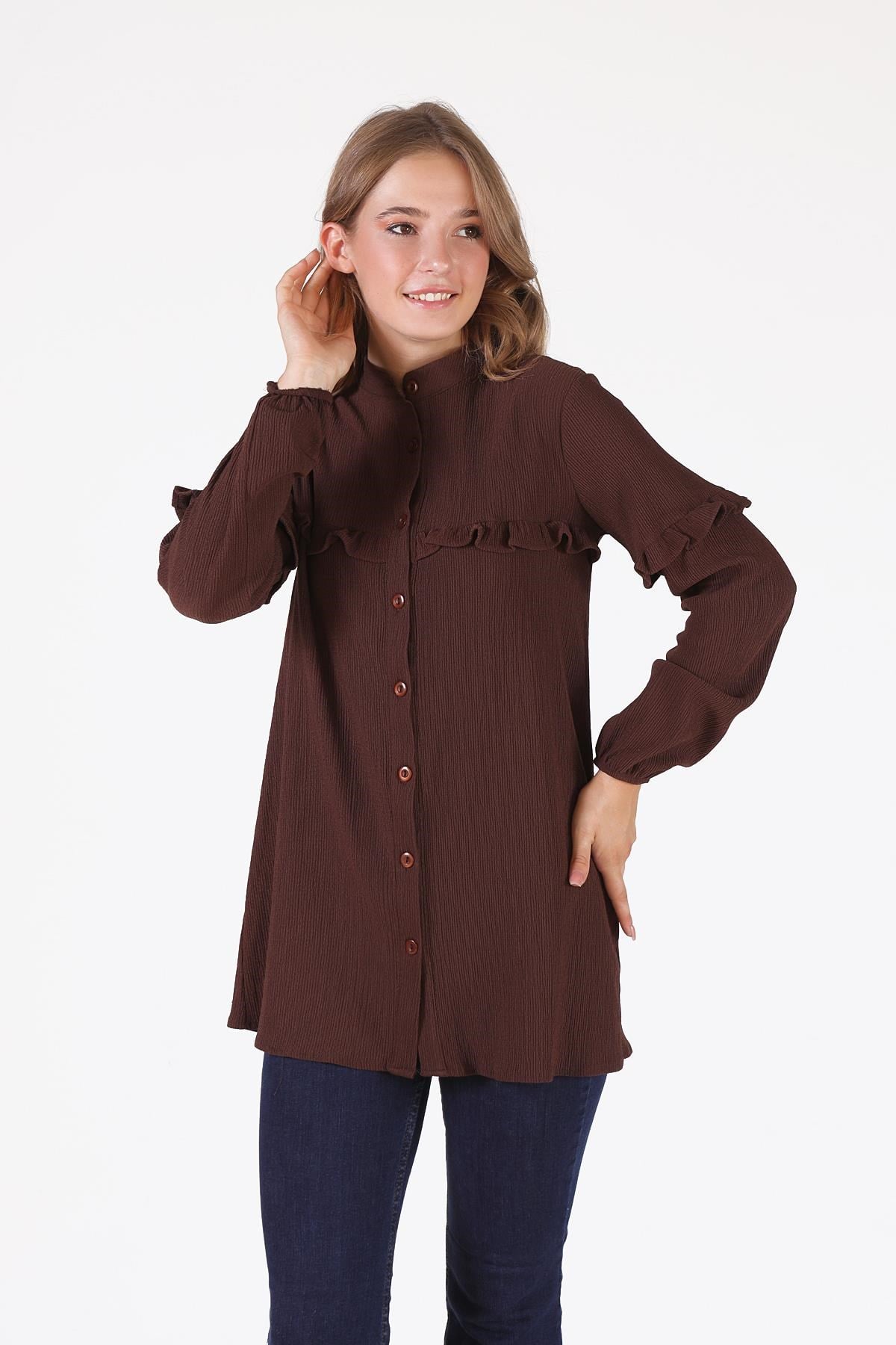Fırfır Detaylı Tunik - 6432A Kahve