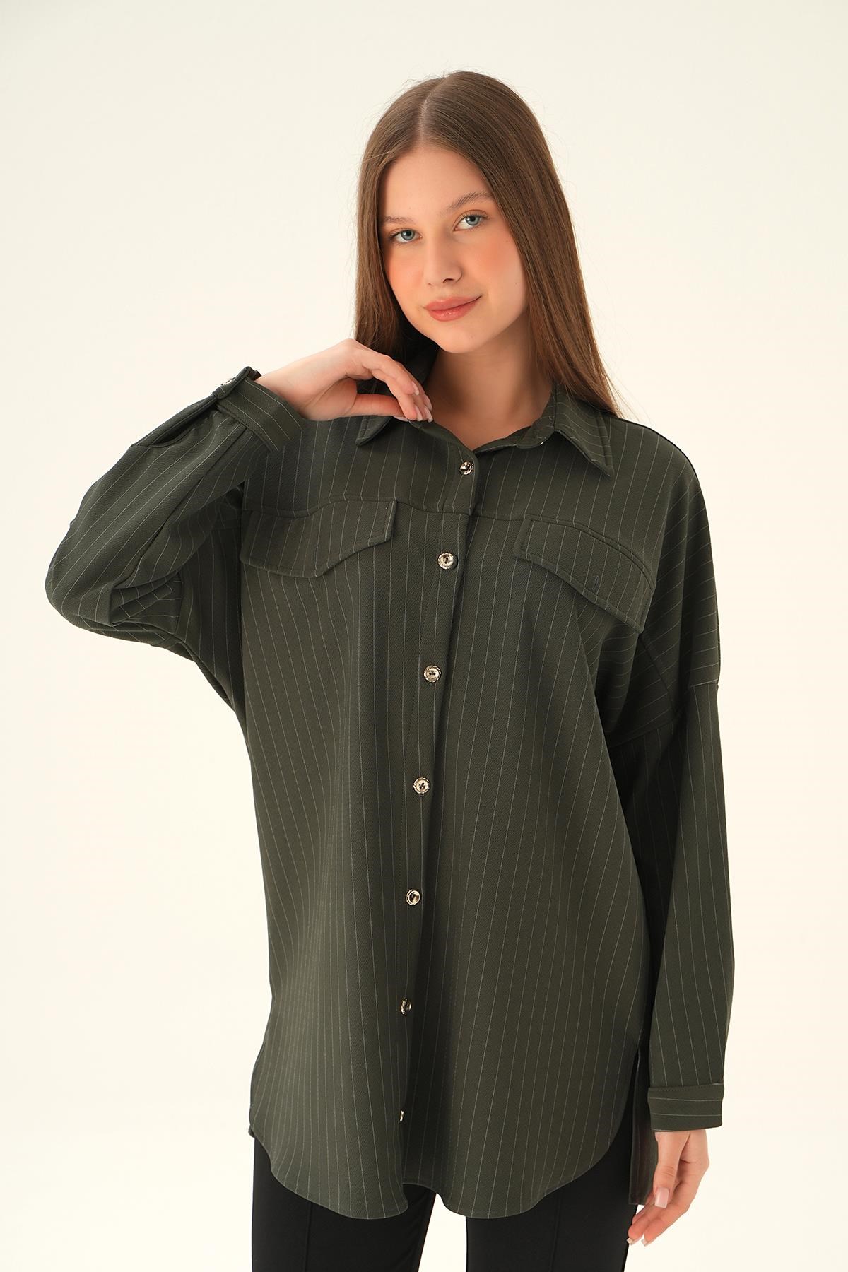 Füme Çift Cep Oversize Çizgili Gömlek 4036A