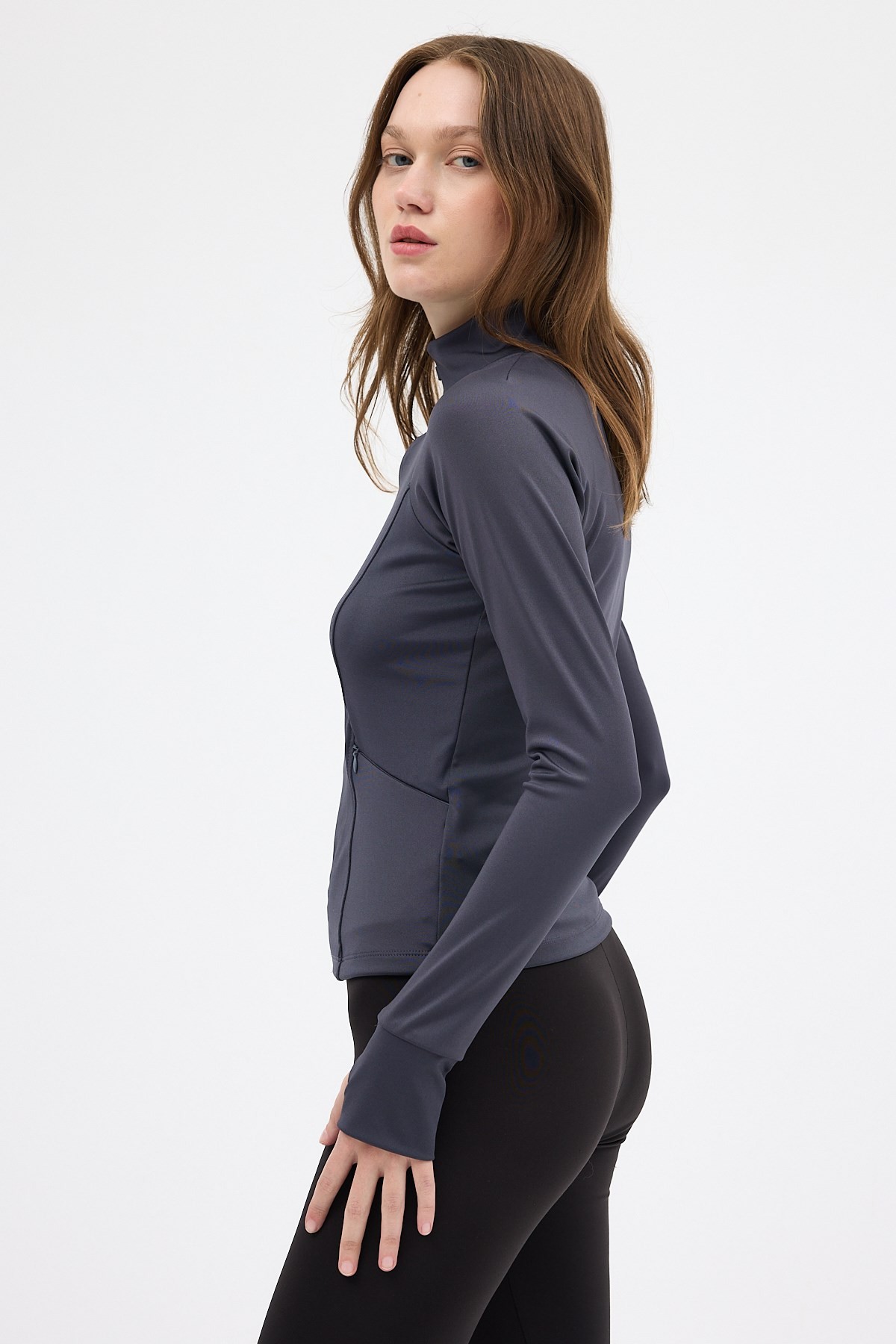 Füme Dik Yaka Fermuarlı Kadın Spor Hırka 3196