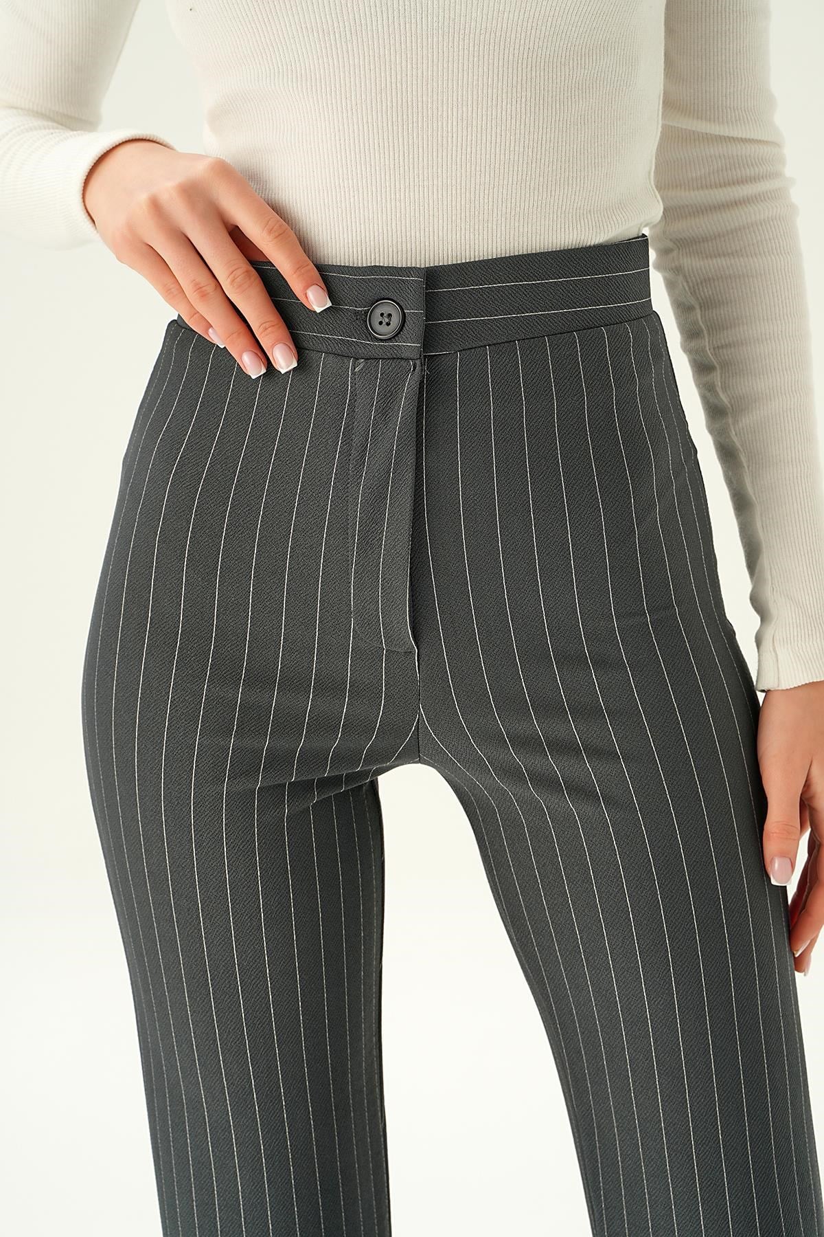 Füme Geniş Paça Çizgili Pantolon 6912A