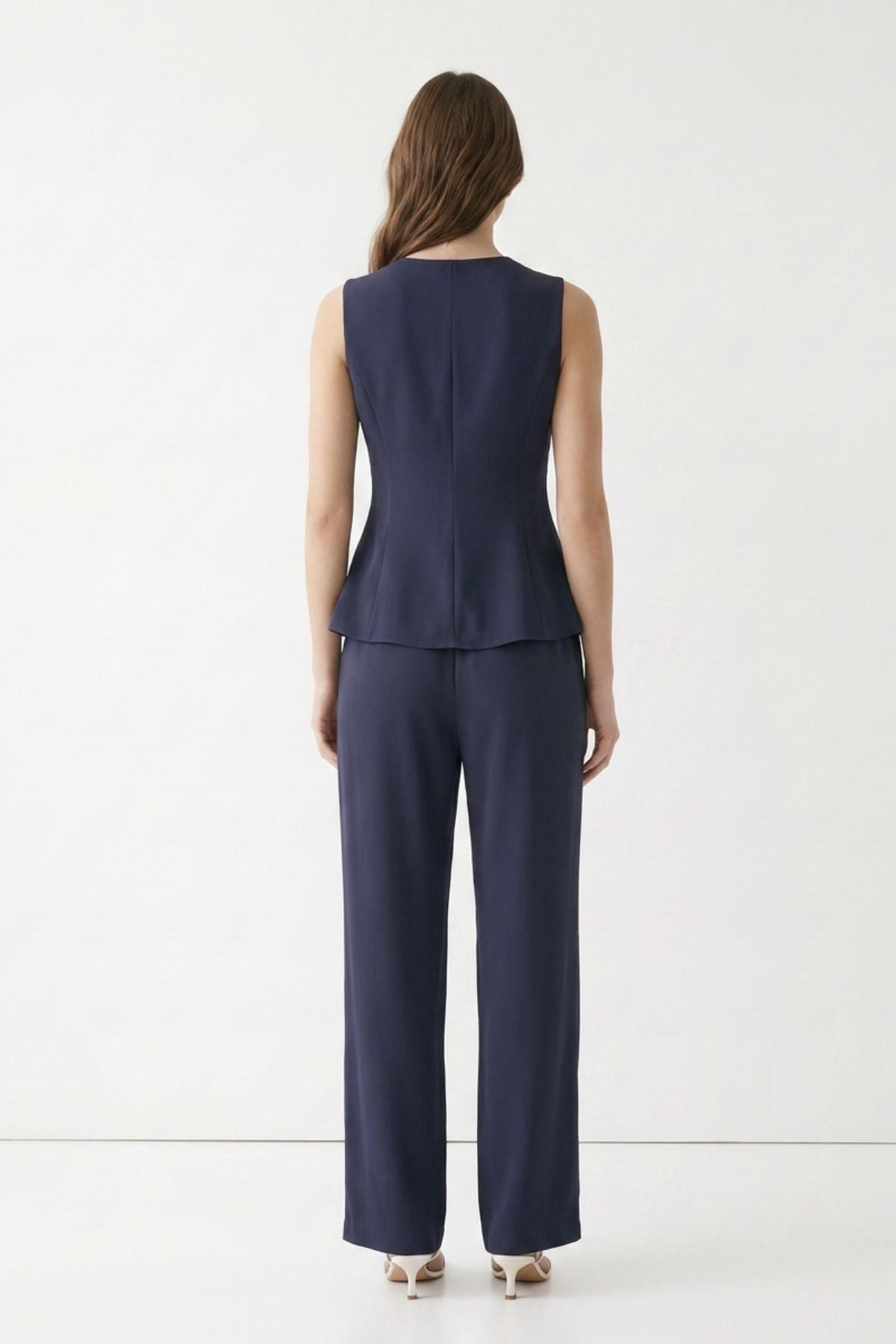 Füme Sıfır Kol Peplum Bluz Bol Paça Pantolon Takım 18007