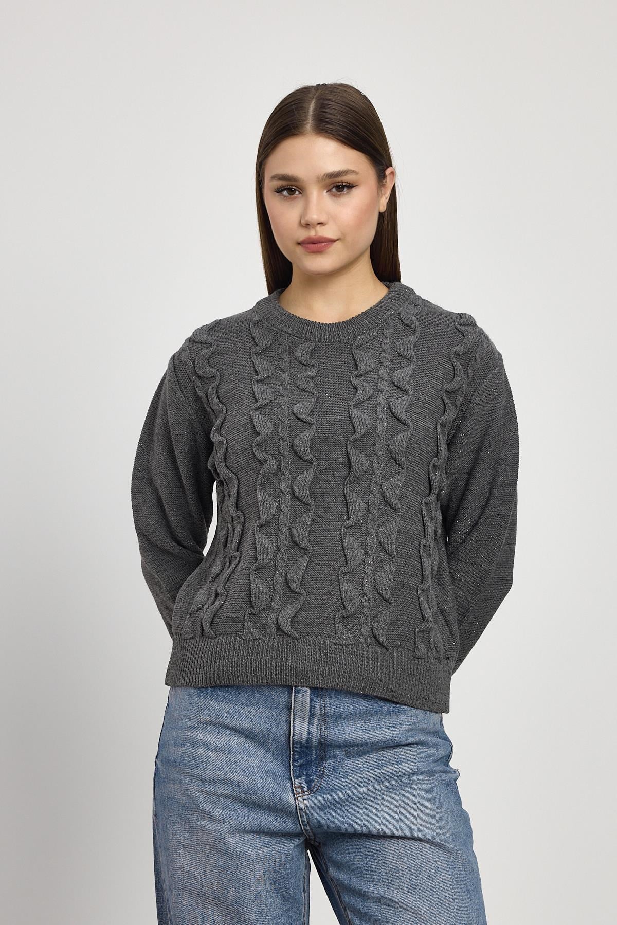 Füme Simli Fırfır Detay Kazak 24364