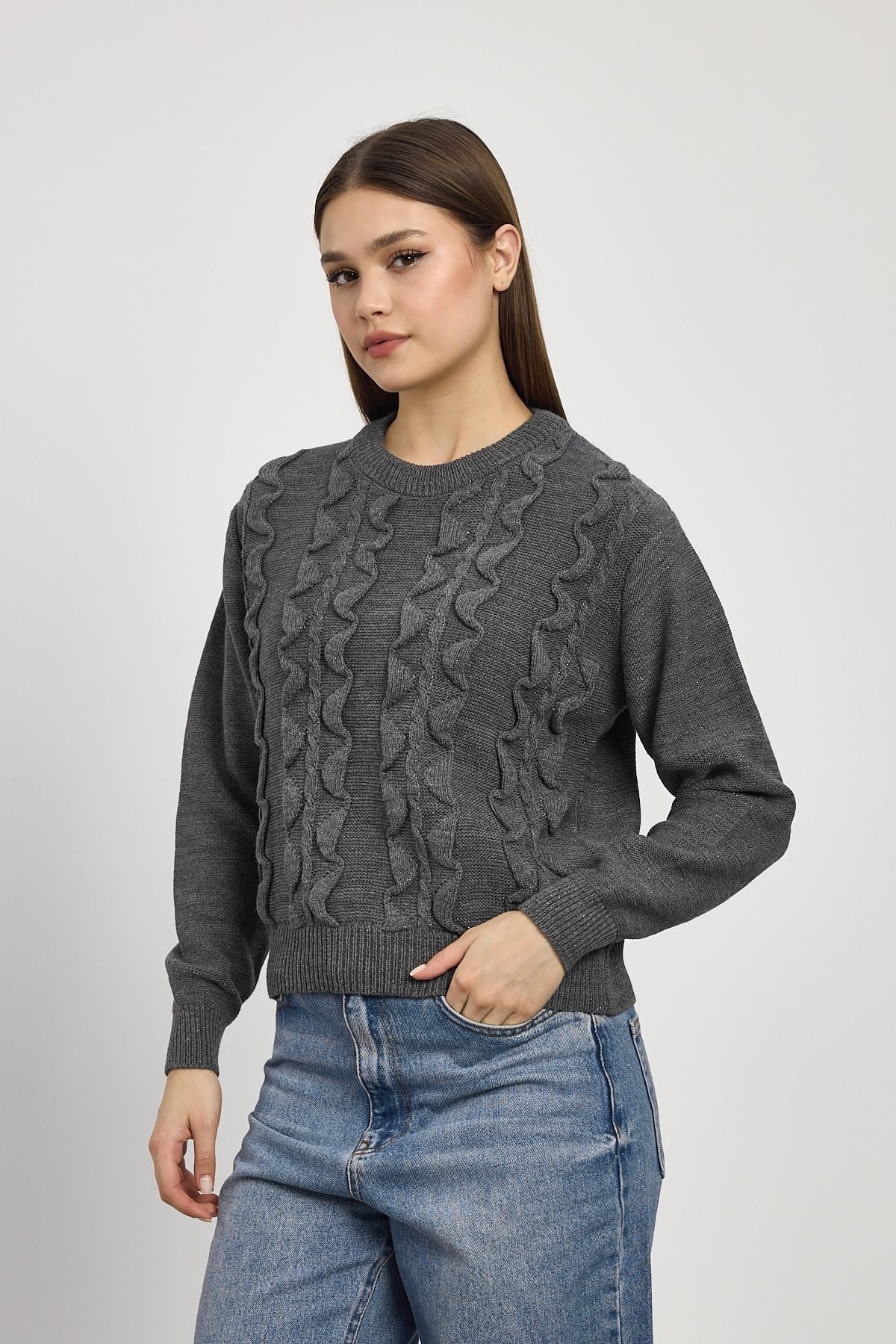 Füme Simli Fırfır Detay Kazak 24364