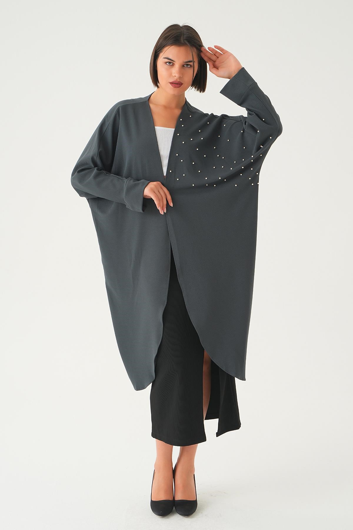 Füme Taş Detay Uzun Kimono 4107A