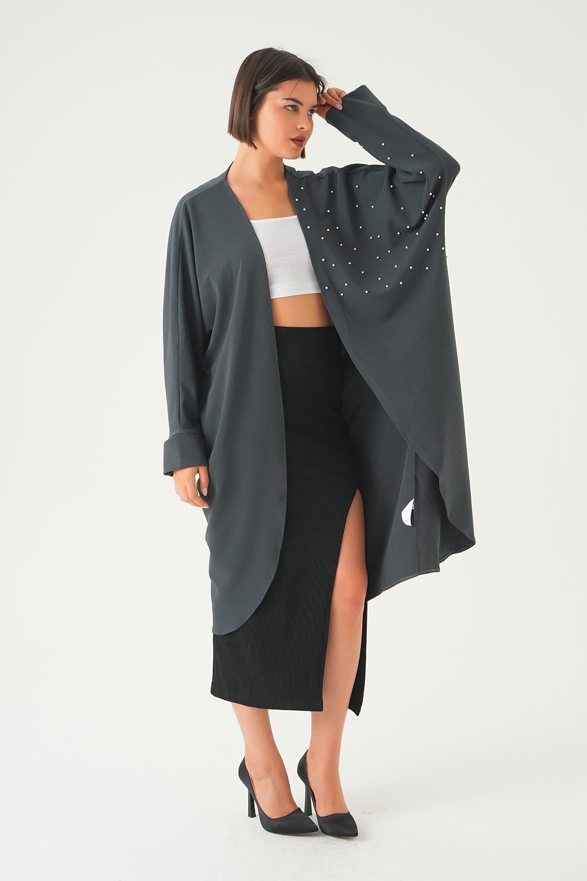 Füme Taş Detay Uzun Kimono 4107A