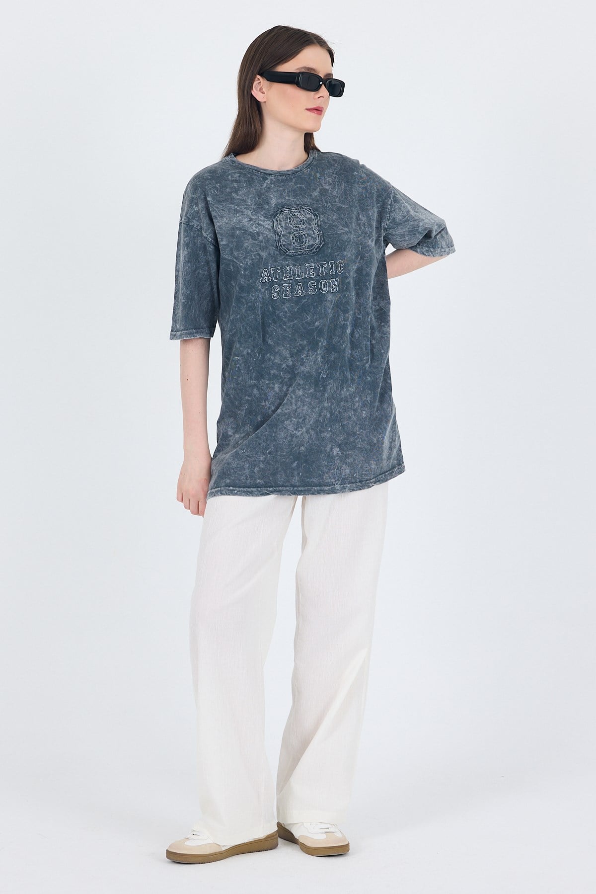Füme Yazı Nakışlı Oversize Tişört 253017