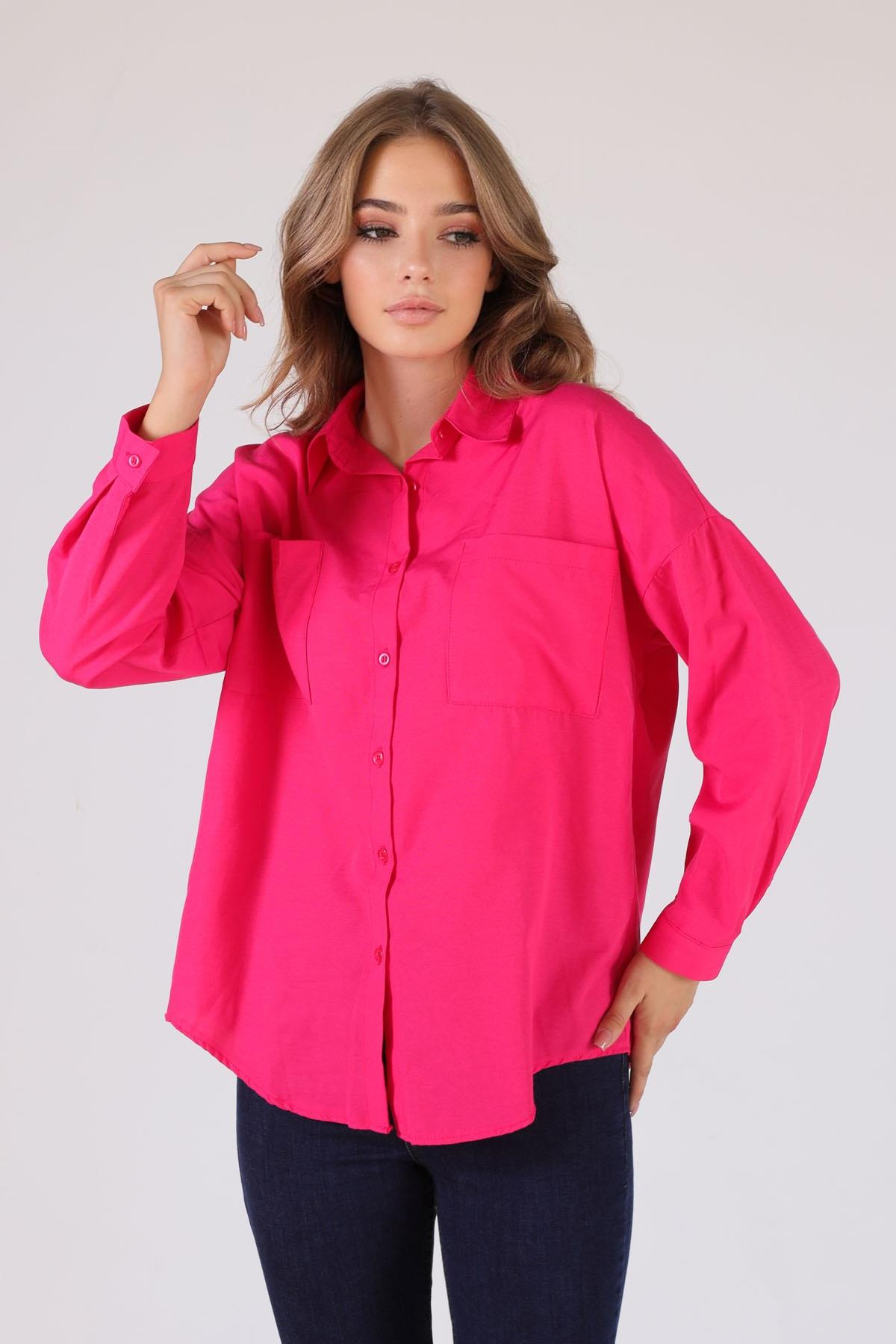 Fuşya Çift Cepli Oversize Uzun Basic Gömlek TCR 6256A
