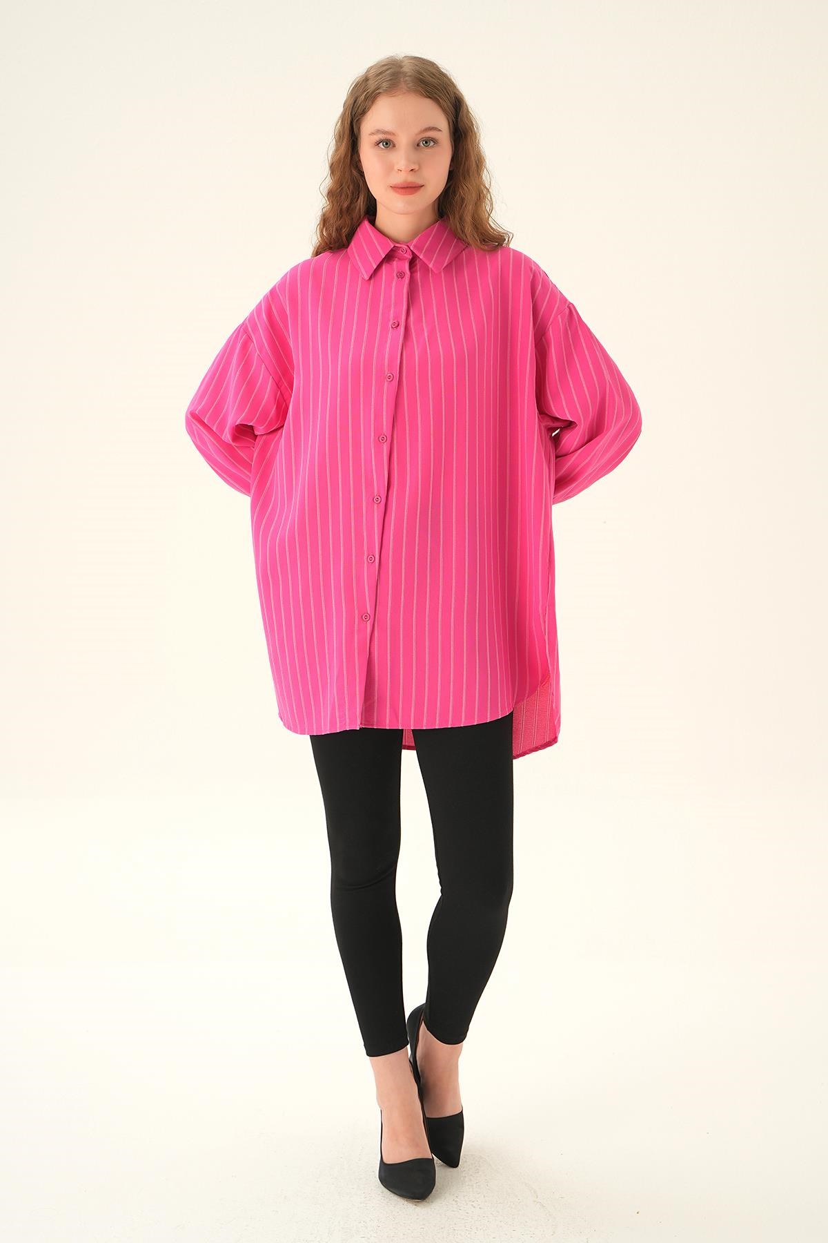 Fuşya Çizgili Oversize Gömlek 4013A