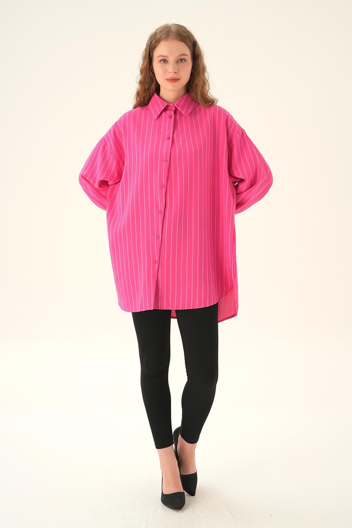 Fuşya Çizgili Oversize Gömlek 4013A