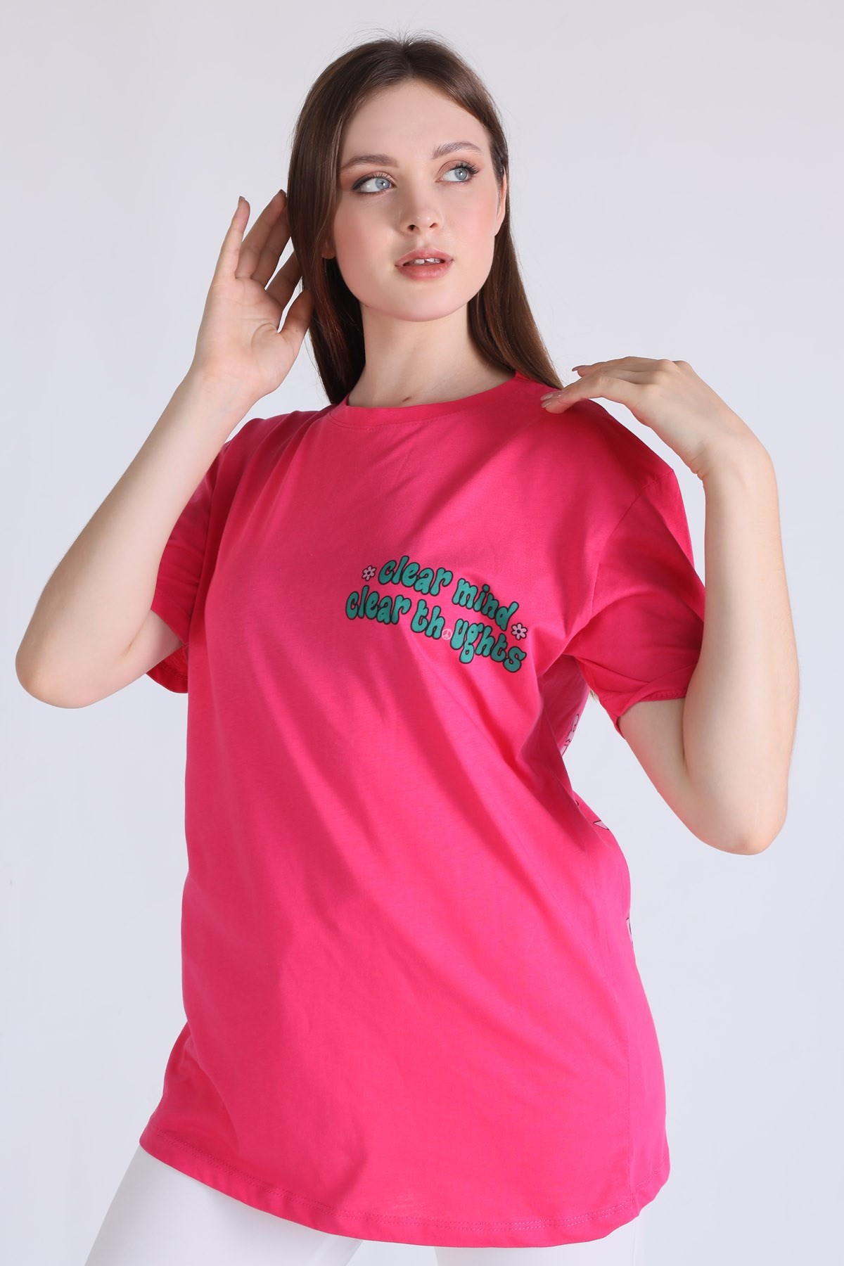 Fuşya Clear Mind Oversize Tişört 5146