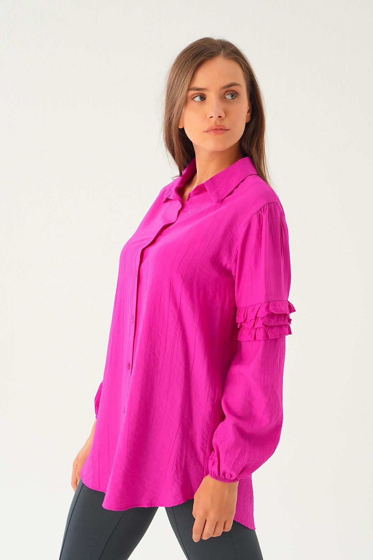 Fuşya Kol Fırfırlı Uzun Tunik 4136A