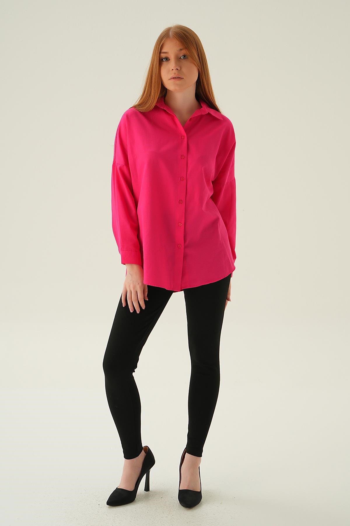 Fuşya Relaxed Fit Rahat Kesim Basic Gömlek - 6621A