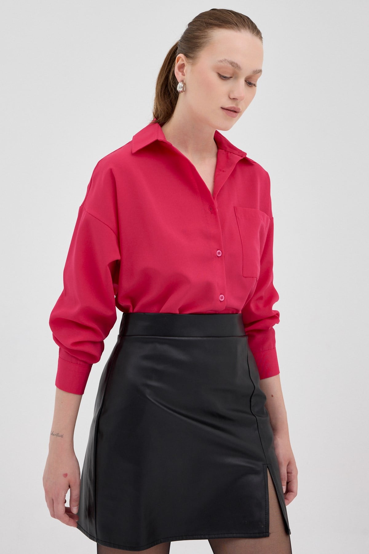 Fuşya Tek Cepli Oversize Gömlek 8158A