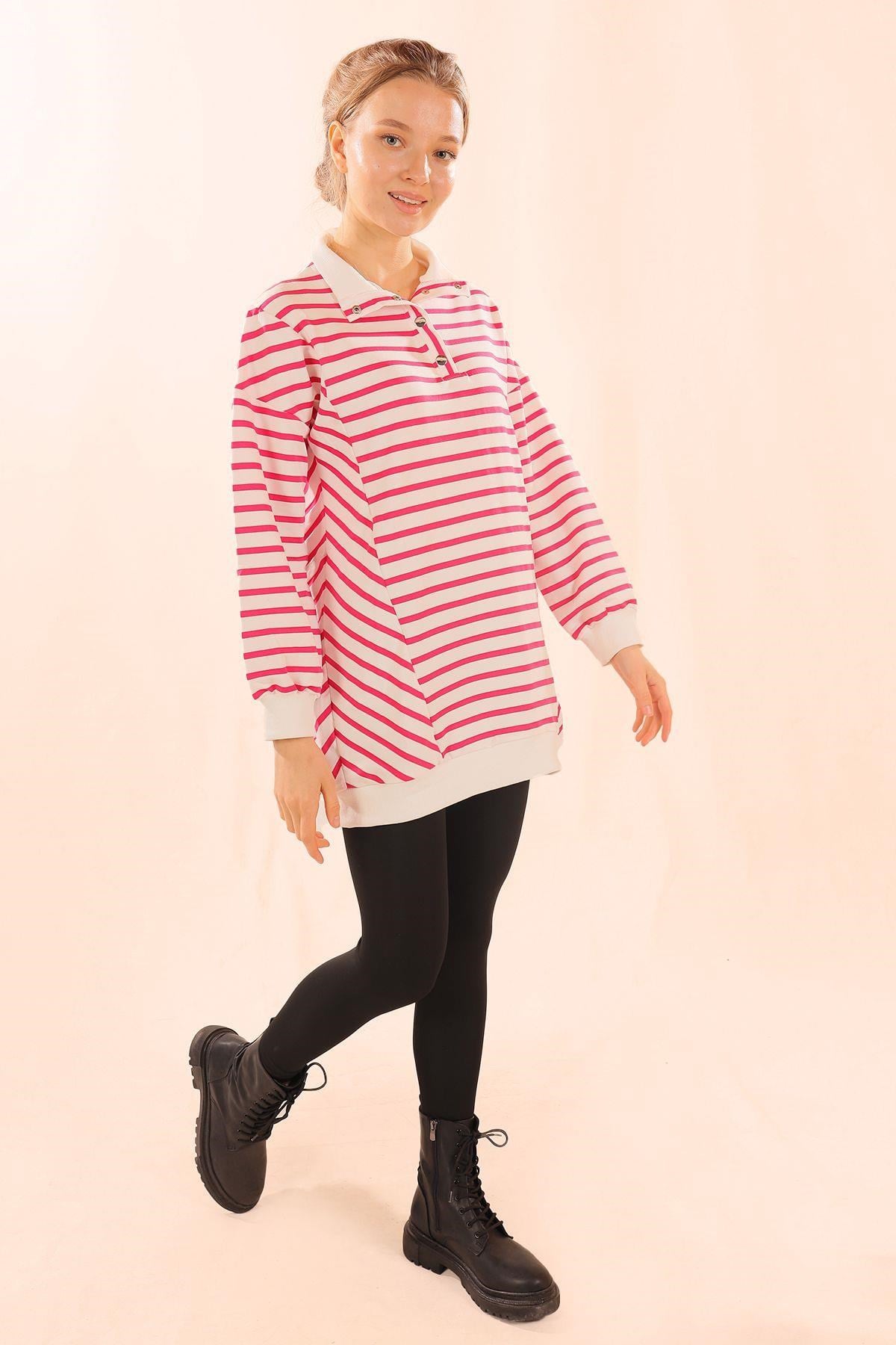 Fuşya Yaka Çıtçıtlı Çizgili Sweat 6868