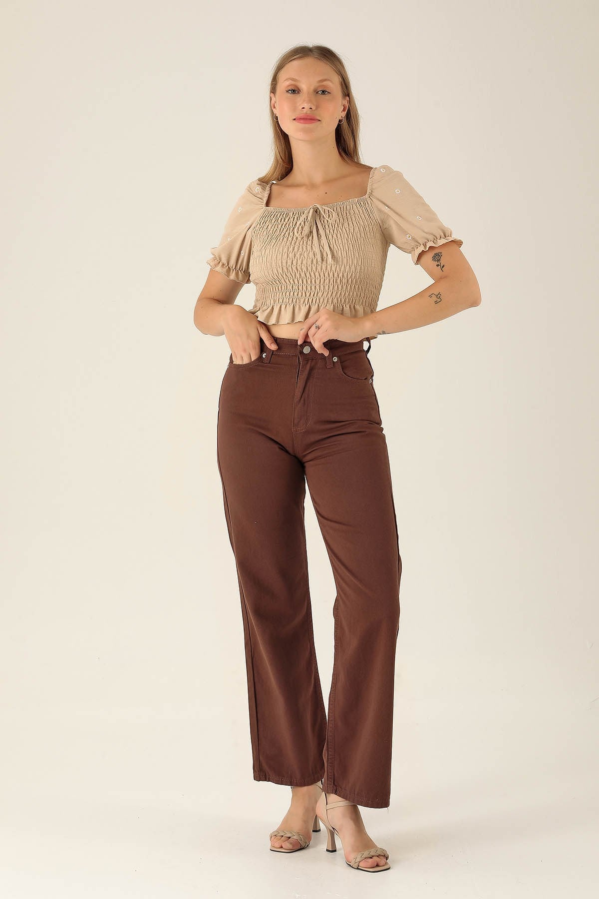 Gabardin Palazzo Bayan Pantolon - 4163-1 Acı Kahve