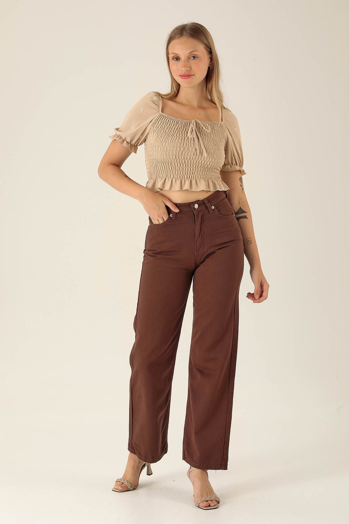 Gabardin Palazzo Bayan Pantolon - 4163-1 Acı Kahve