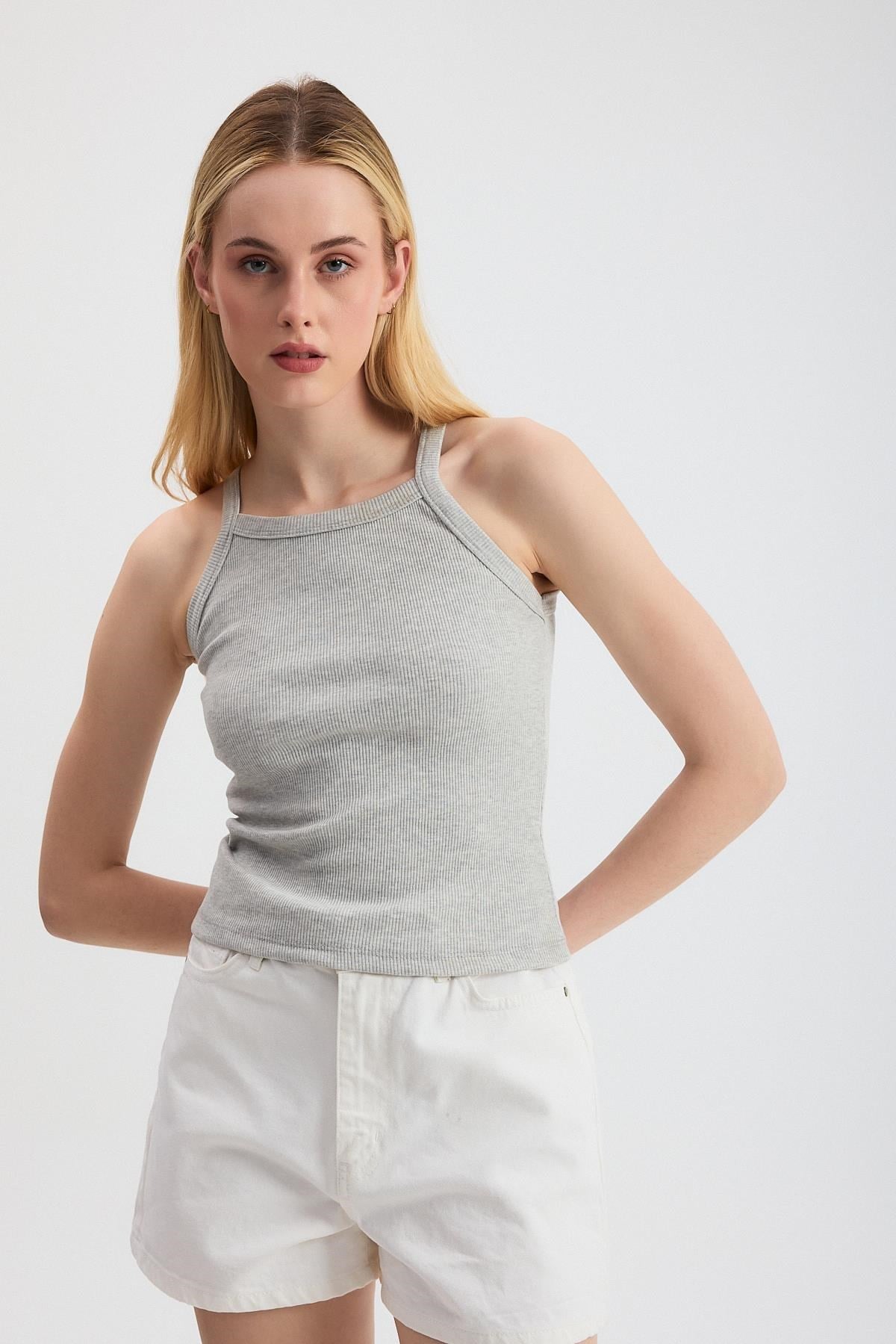 Gri -1121 Sıfır Kol Fitilli Halter Yaka Basic Atlet