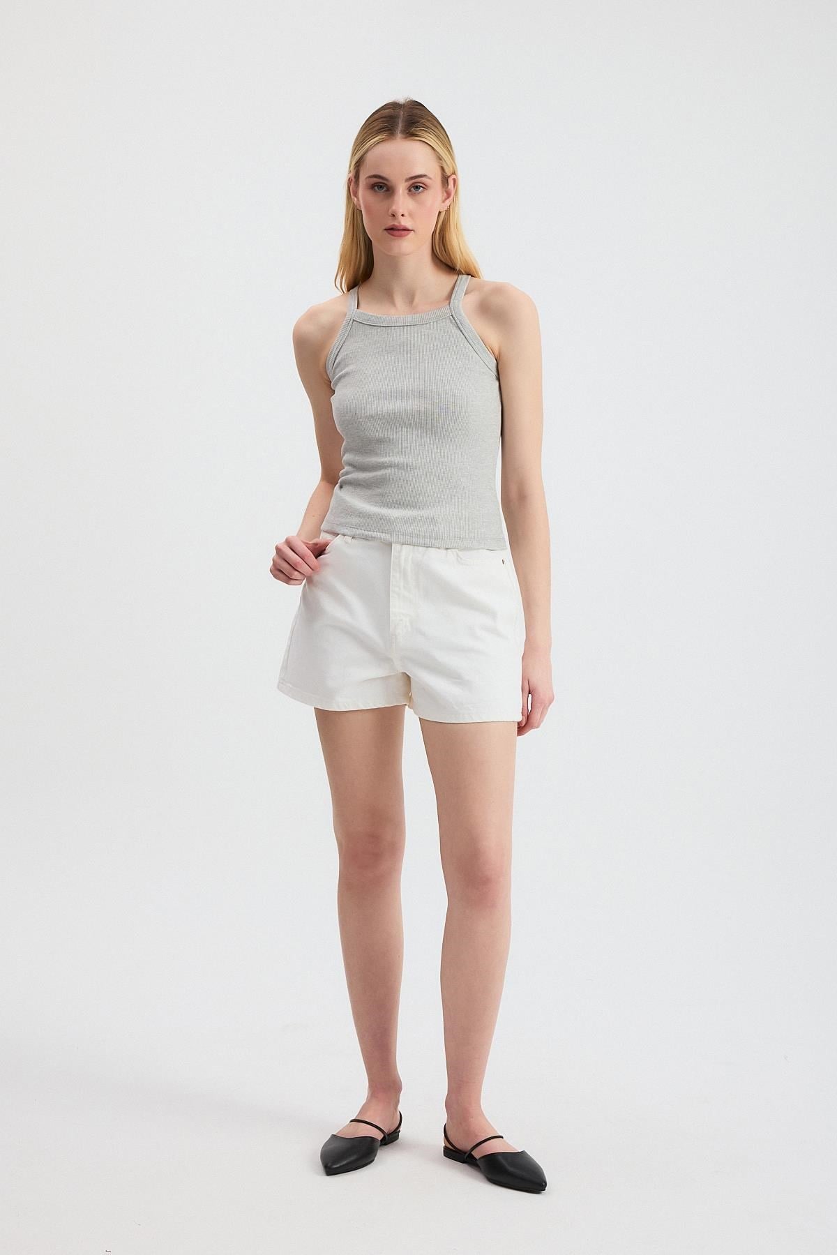 Gri -1121 Sıfır Kol Fitilli Halter Yaka Basic Atlet