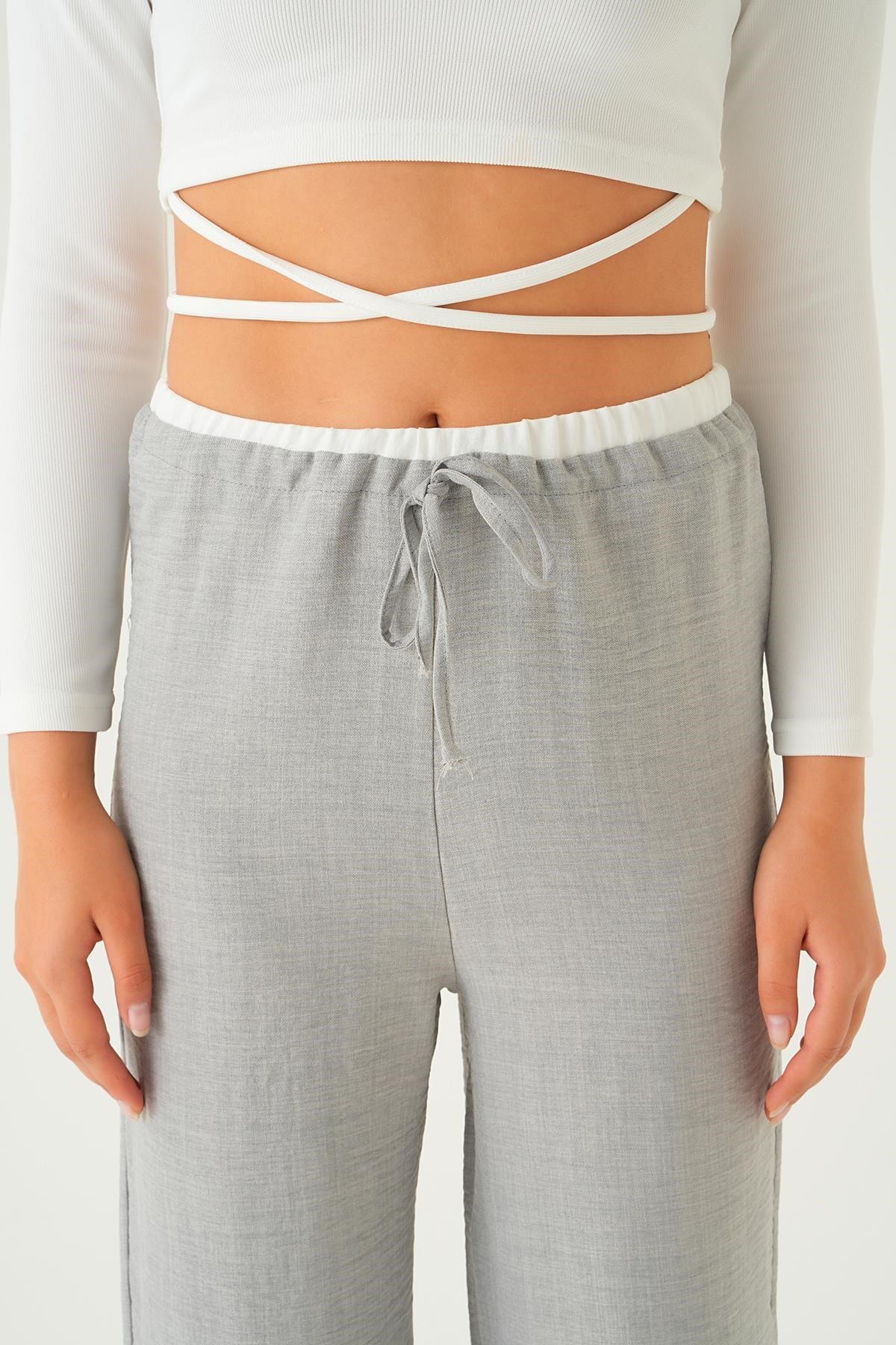 Gri Bel Bağcık Detay Pantolon 4106A