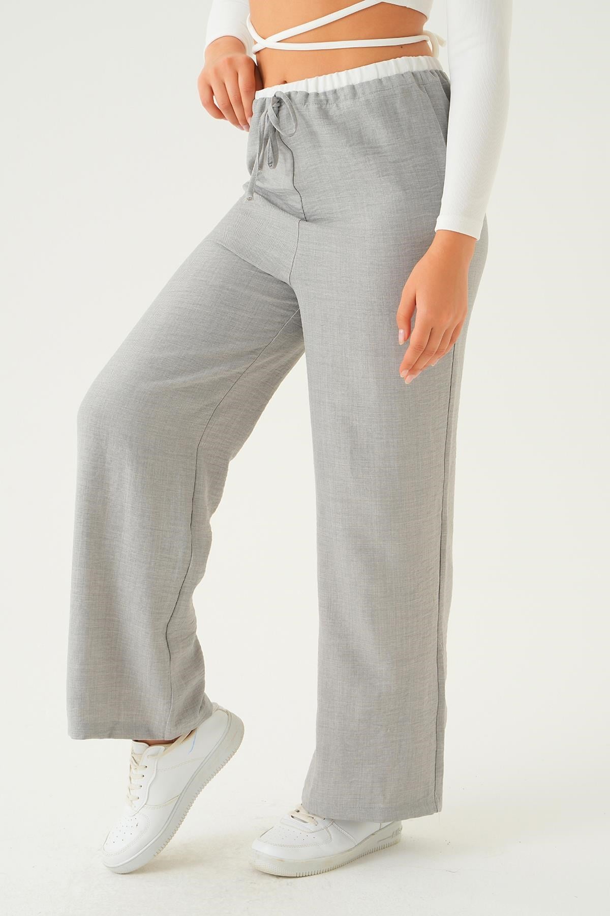 Gri Bel Bağcık Detay Pantolon 4106A