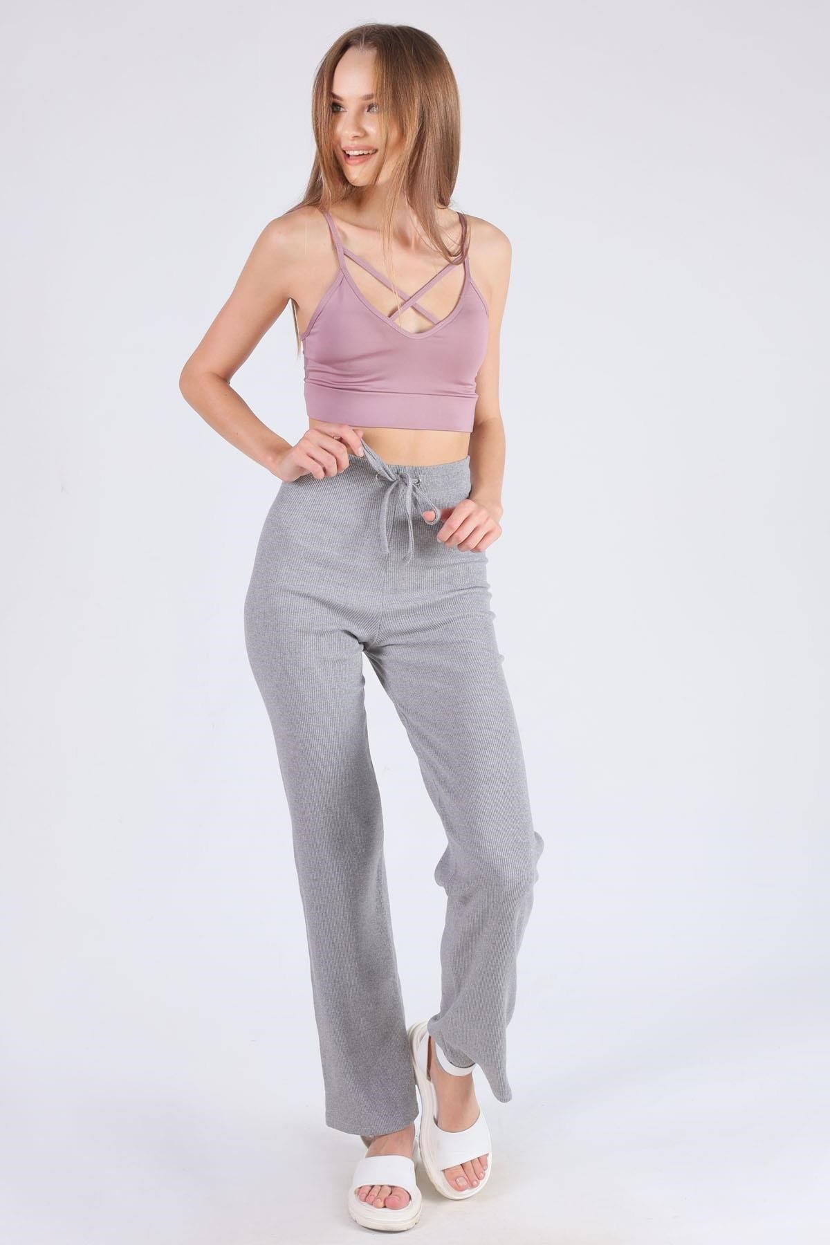 Gri Bel Bağcık Detay Pantolon 6011-1